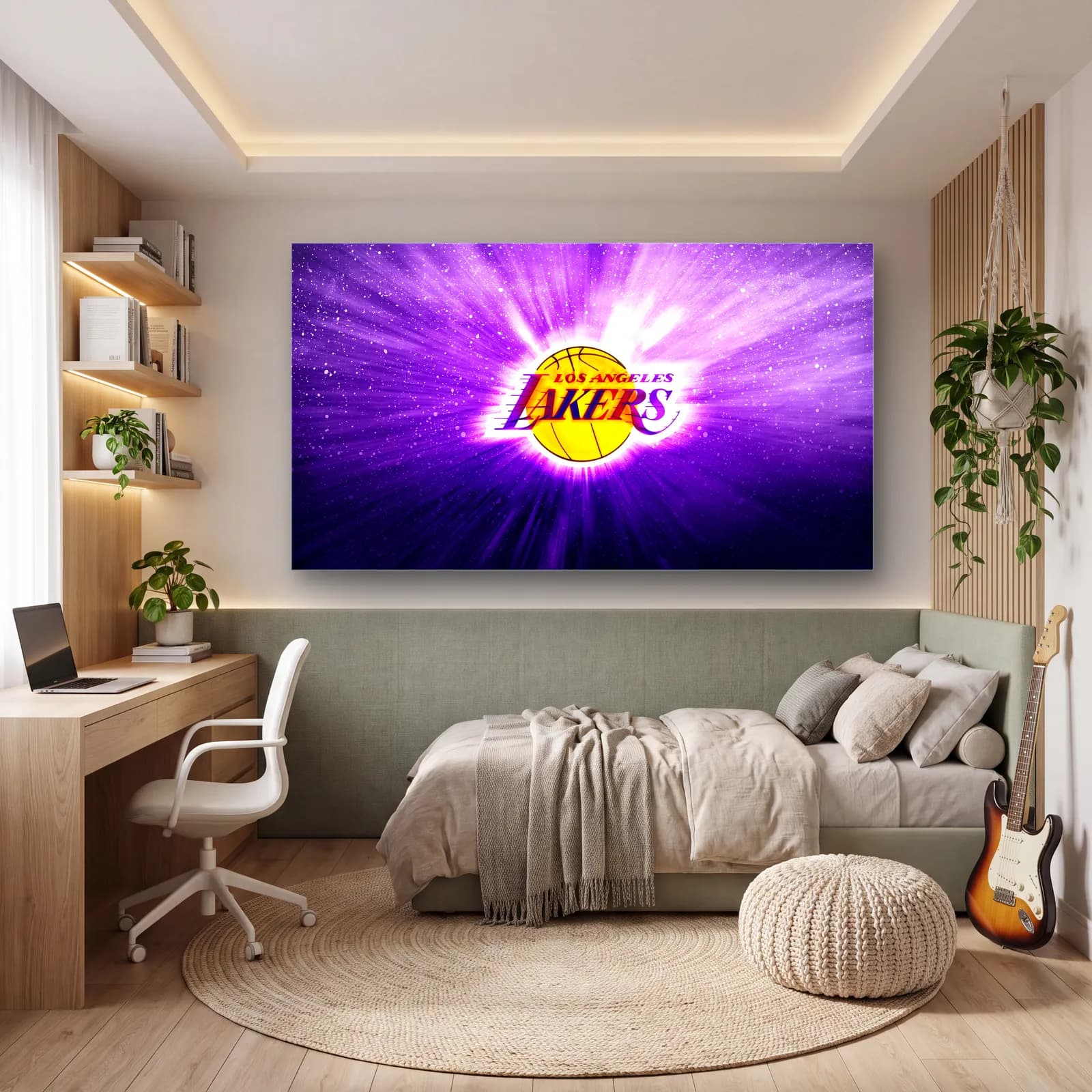 Lakers Logo Mor Işık cam tablo — genç odasında