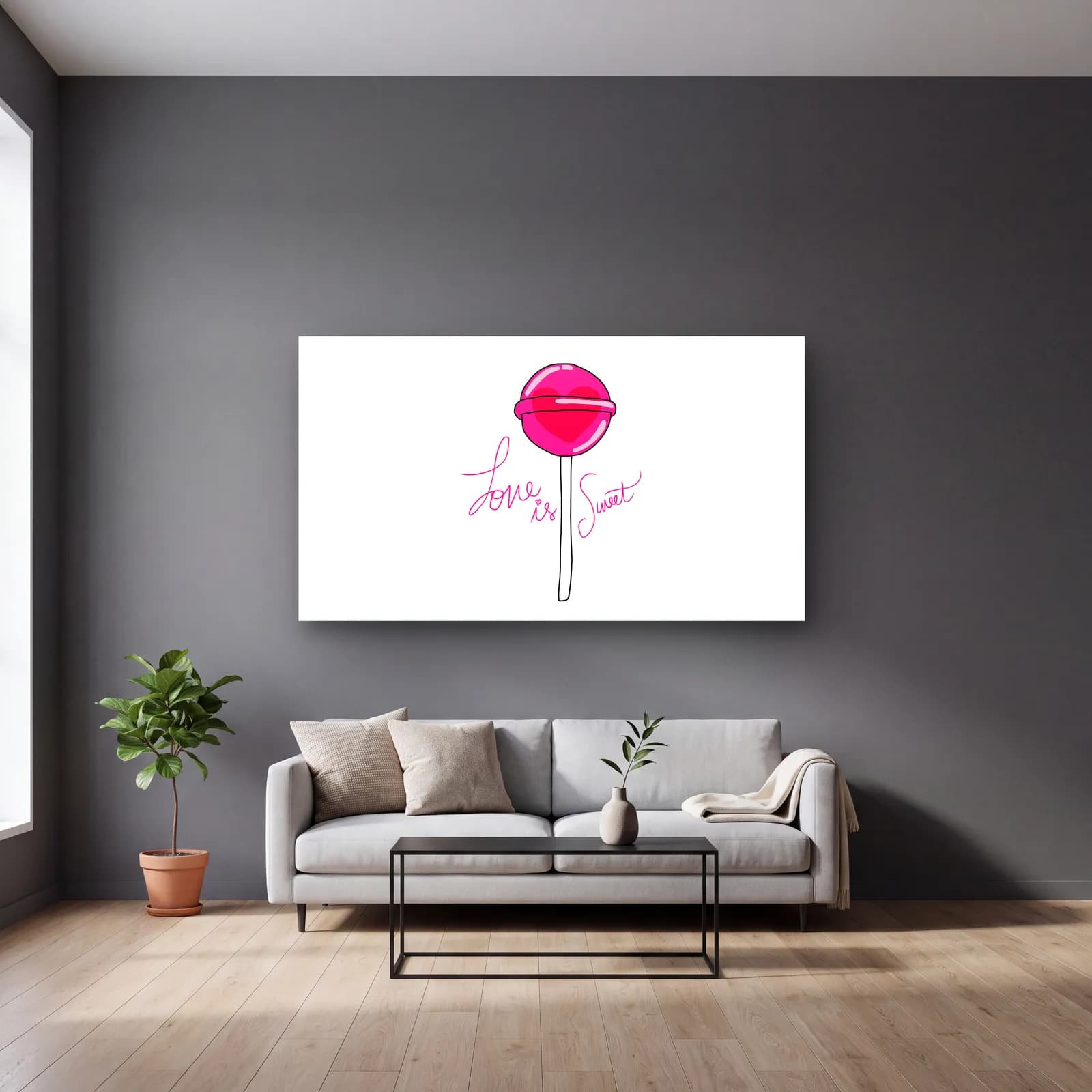 Love Is Sweet Lolipop cam tablo — gri duvarlı salonda