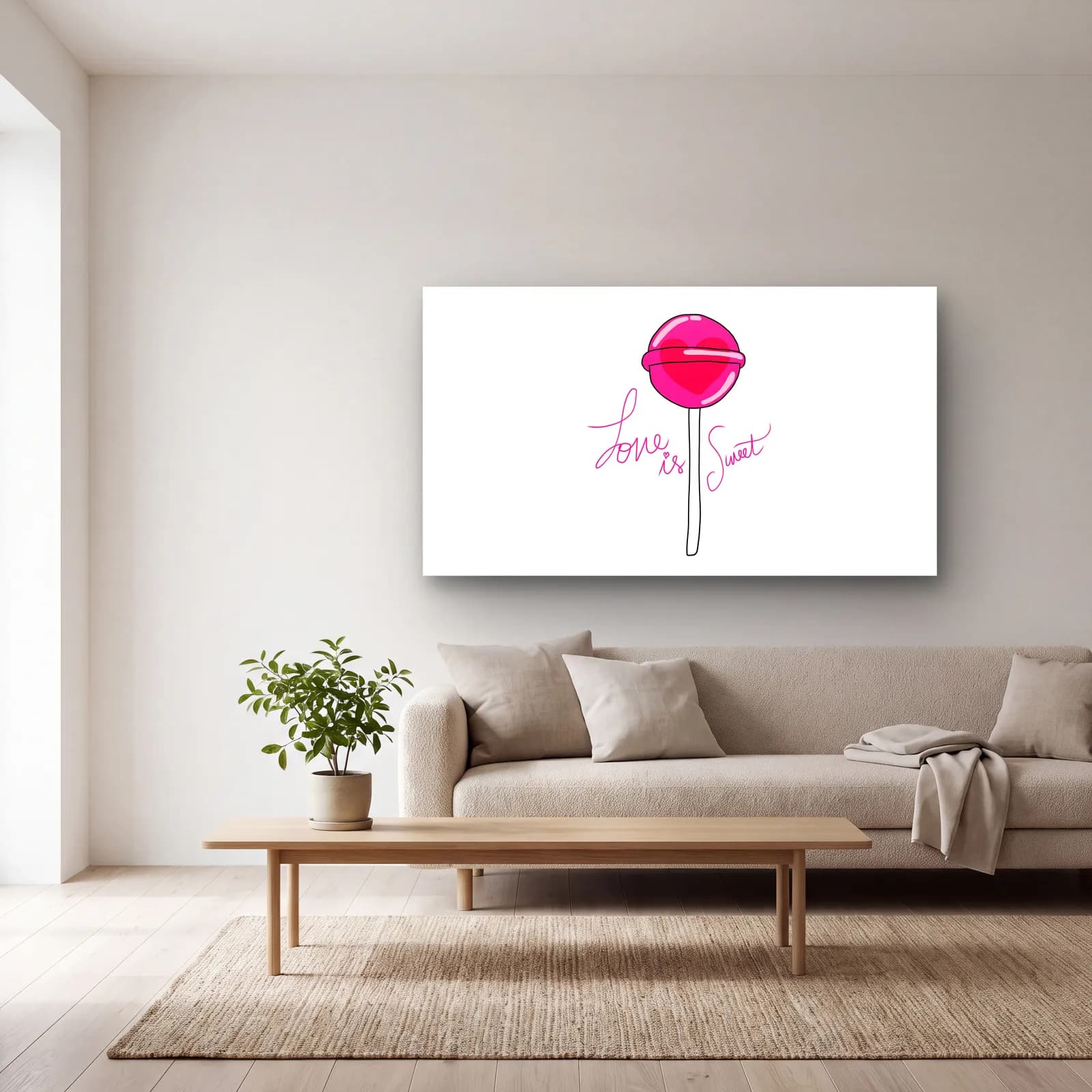 Love Is Sweet Lolipop cam tablo — açık renk salonda