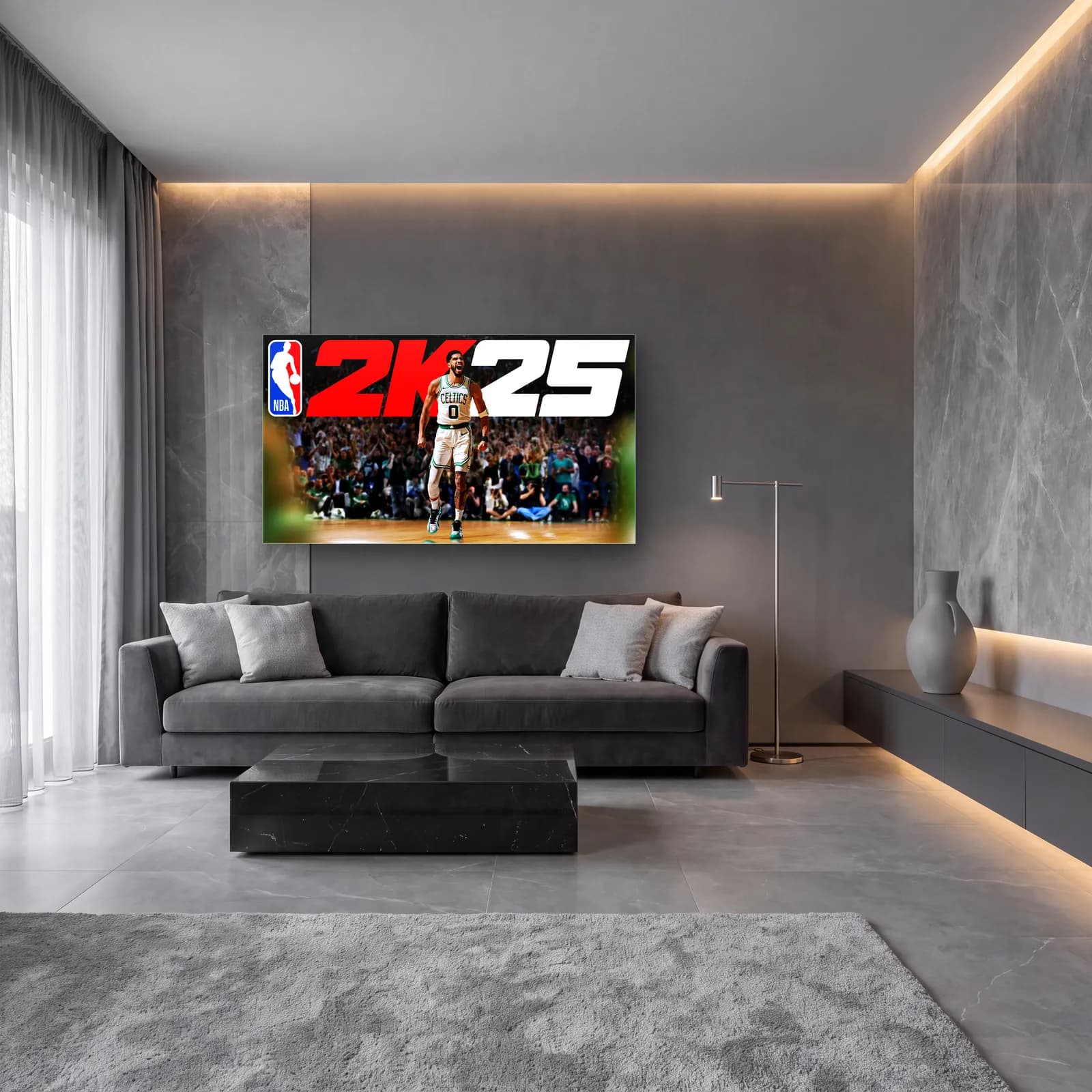 NBA 2K25 Jayson Tatum cam tablo — lüks salon duvarında
