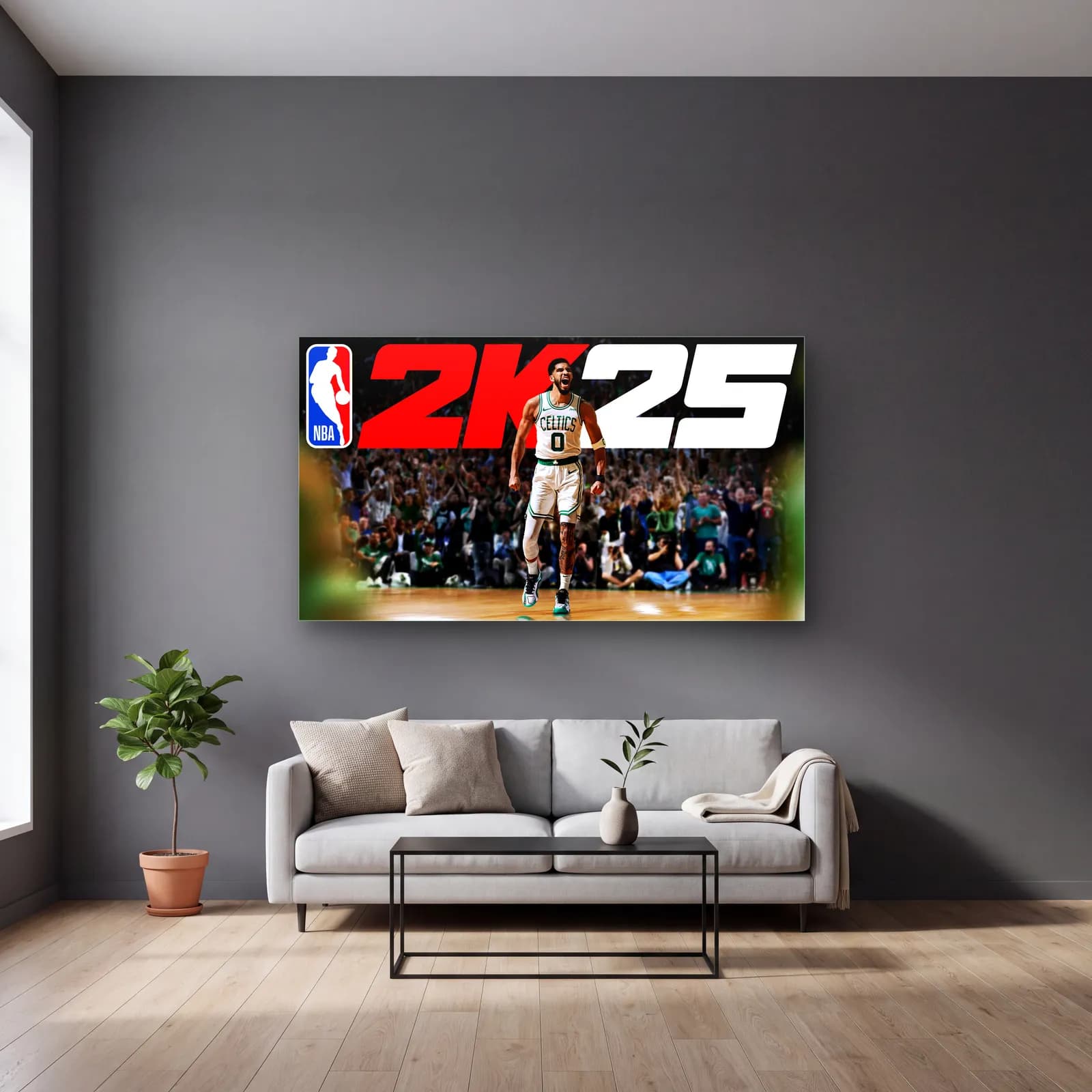 NBA 2K25 Jayson Tatum cam tablo — gri duvarlı salonda