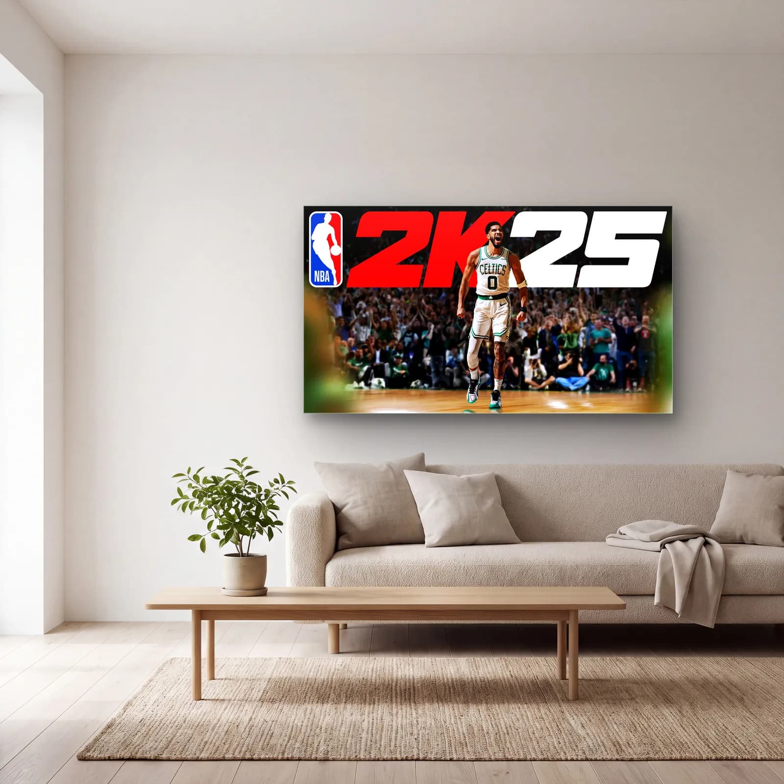 NBA 2K25 Jayson Tatum cam tablo — açık renk salonda