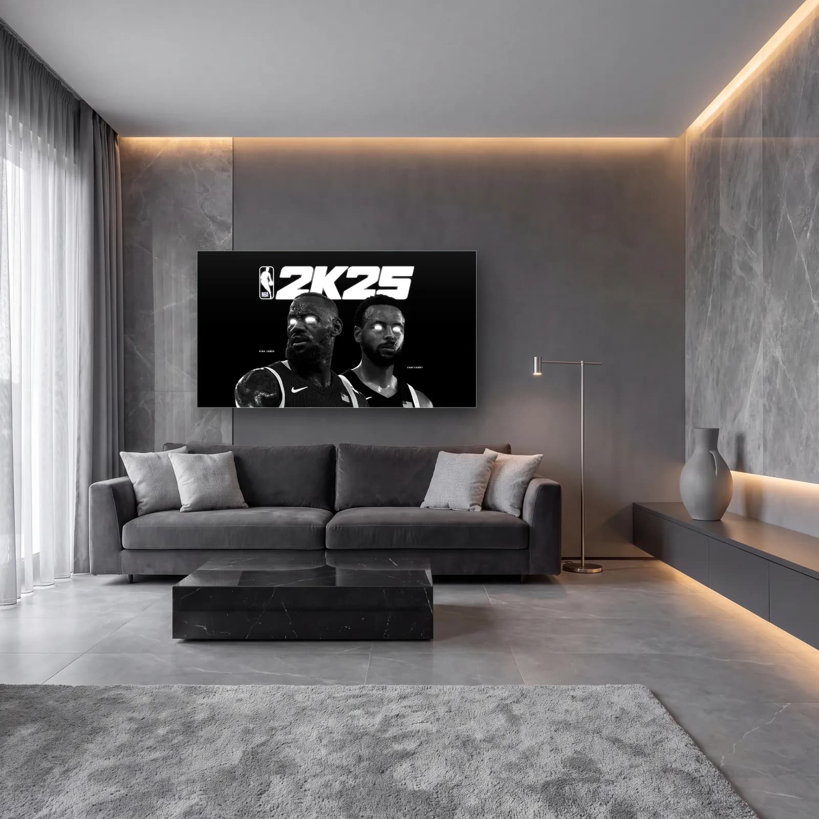 NBA 2K25 Siyah Beyaz Kapak cam tablo — lüks salon duvarında