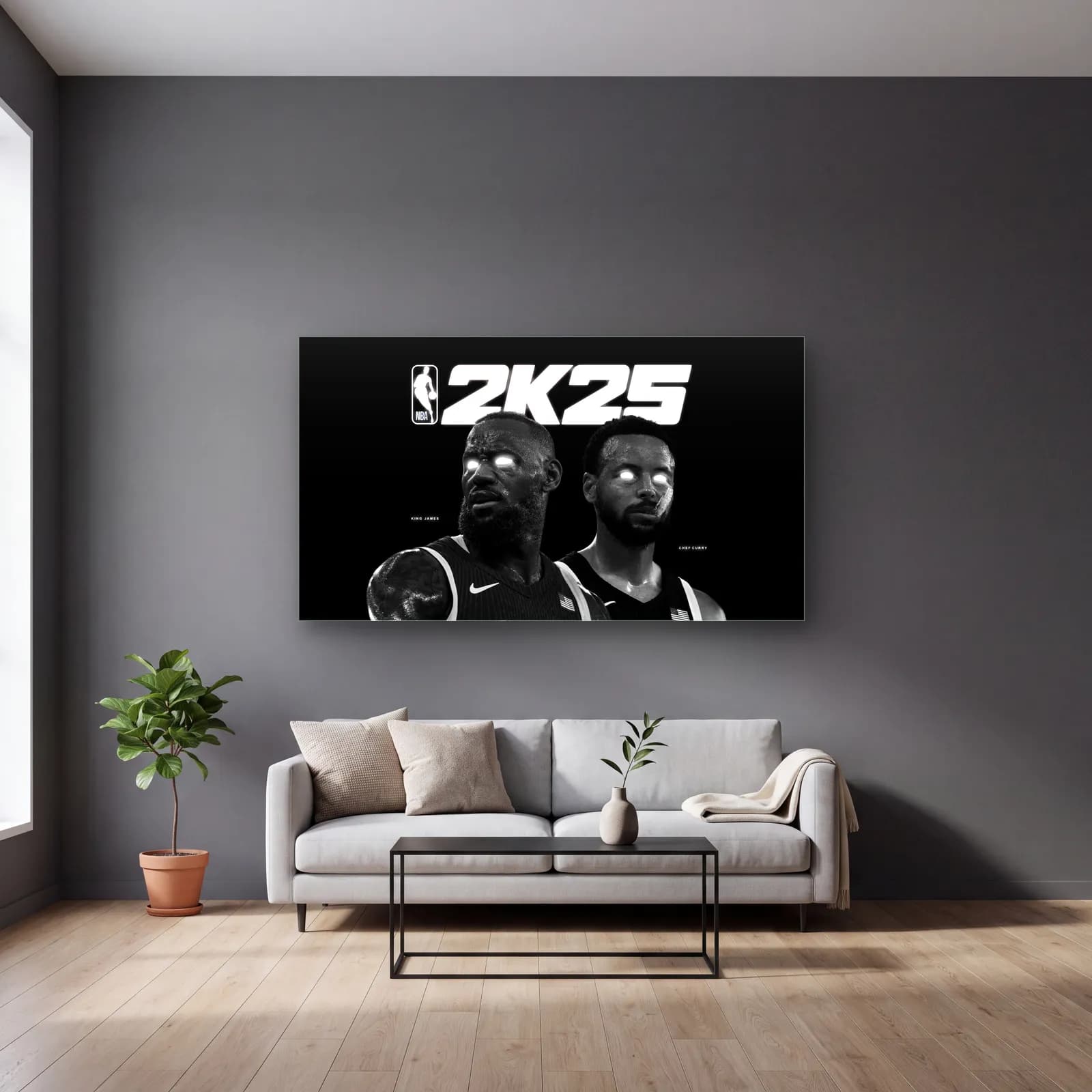 NBA 2K25 Siyah Beyaz Kapak cam tablo — gri duvarlı salonda