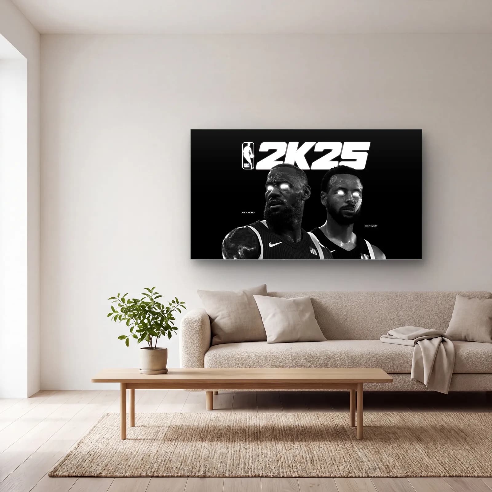 NBA 2K25 Siyah Beyaz Kapak cam tablo — açık renk salonda