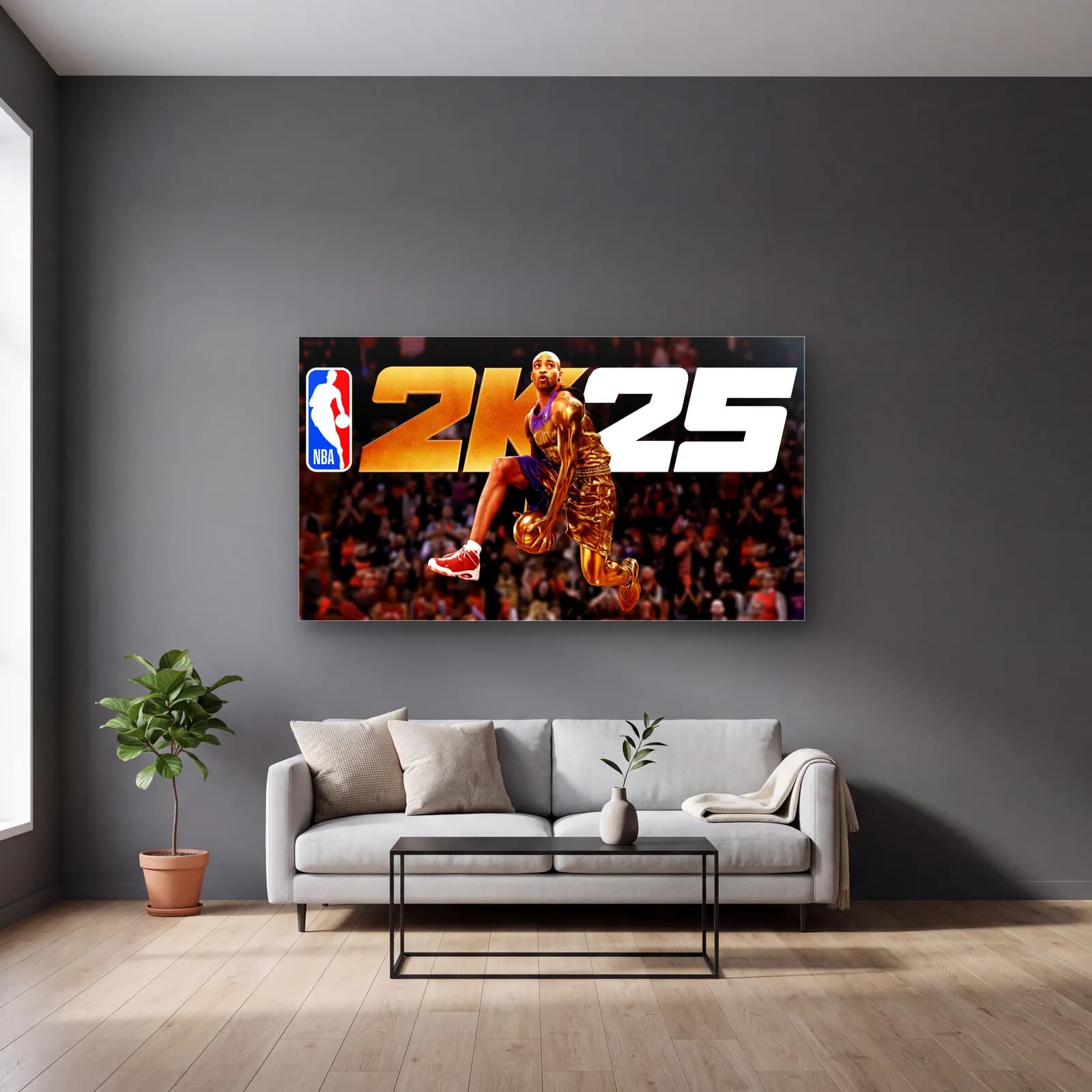 NBA 2K25 Altın Smaç cam tablo — gri duvarlı salonda