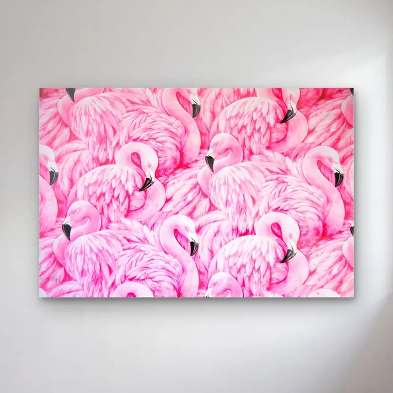 Pembe Flamingo Sürüsü cam tablo — Tüm yüzeyi dolduran iç içe geçmiş pembe flamingo sürüsü