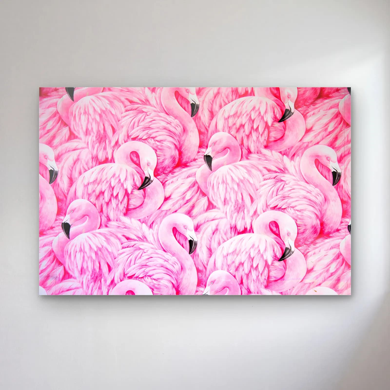 Pembe Flamingo Sürüsü cam tablo — Tüm yüzeyi dolduran iç içe geçmiş pembe flamingo sürüsü