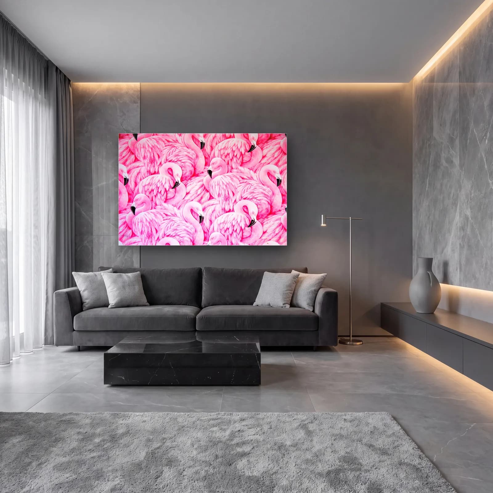 Pembe Flamingo Sürüsü cam tablo — lüks salon duvarında