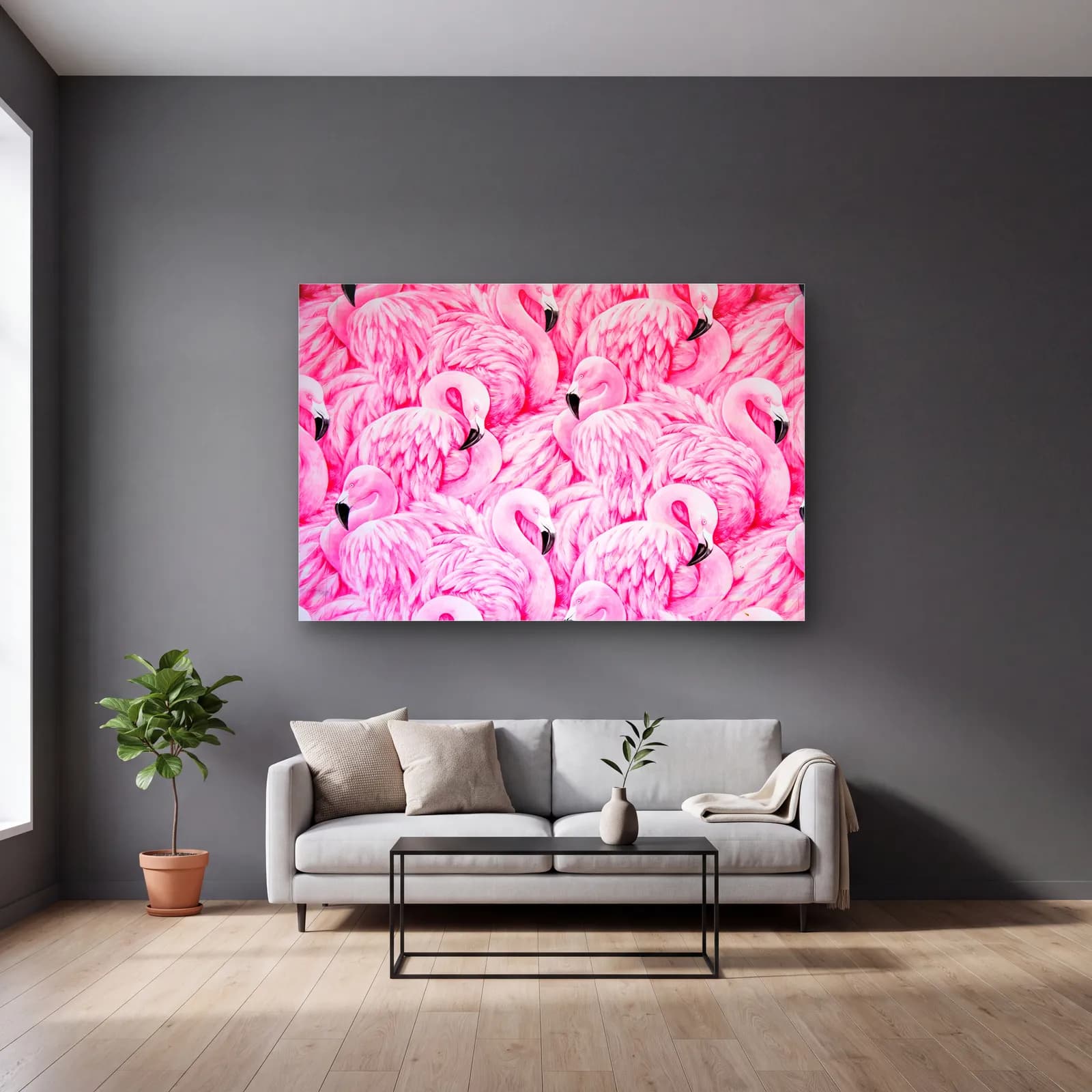 Pembe Flamingo Sürüsü cam tablo — gri duvarlı salonda