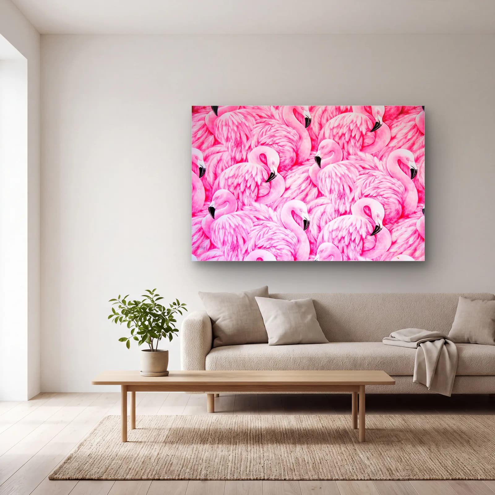 Pembe Flamingo Sürüsü cam tablo — açık renk salonda
