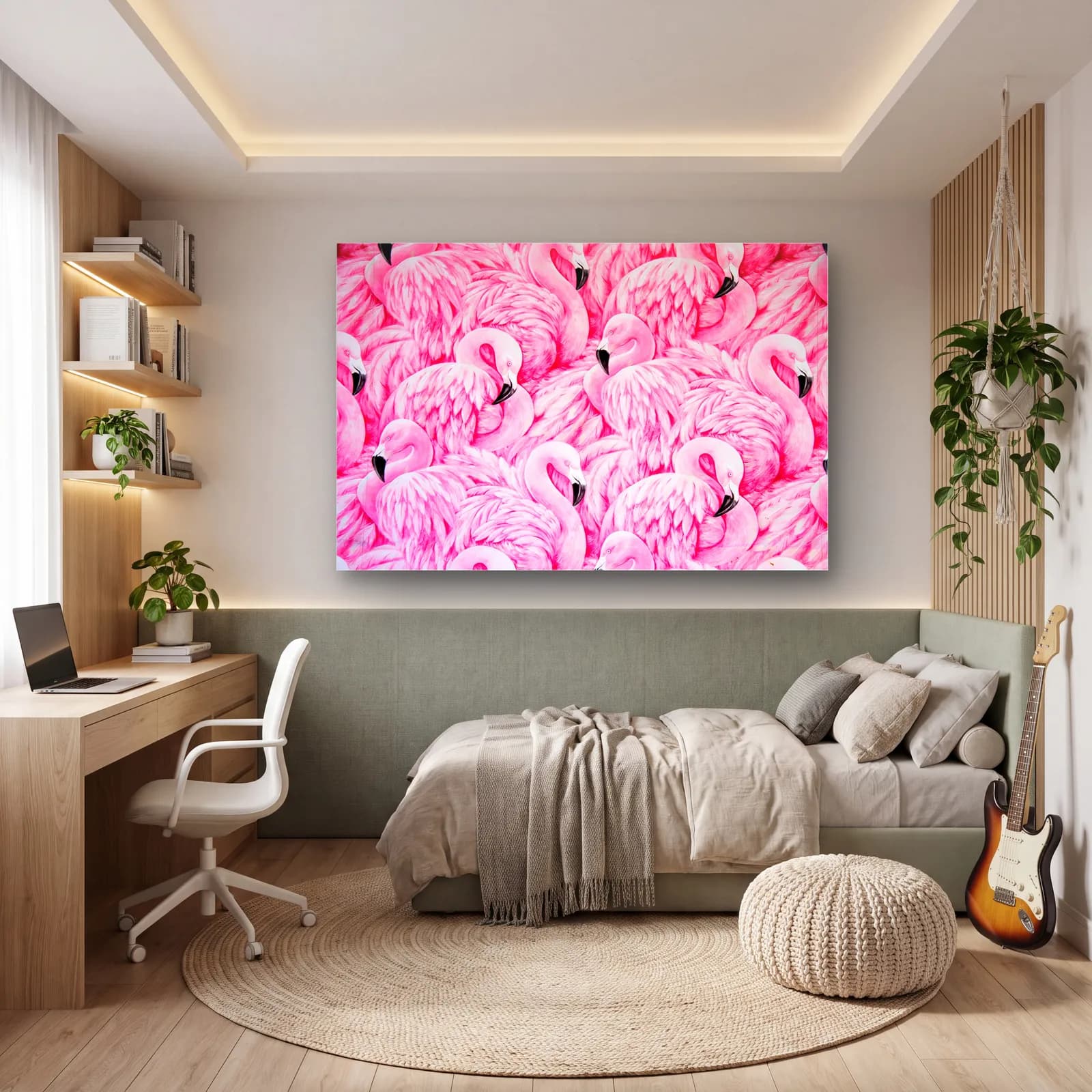 Pembe Flamingo Sürüsü cam tablo — genç odasında