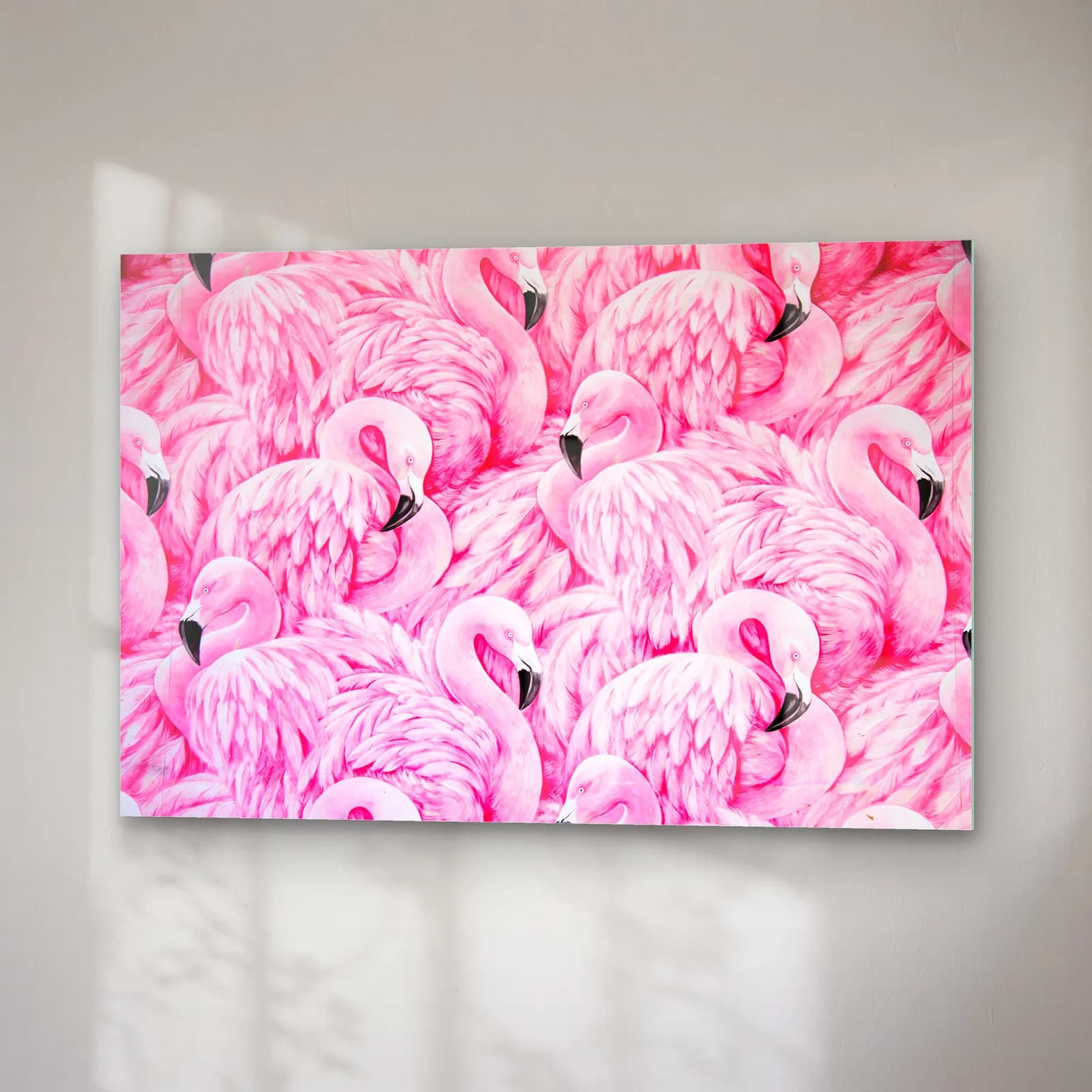 Pembe Flamingo Sürüsü cam tablo — sağ açıdan görünüm