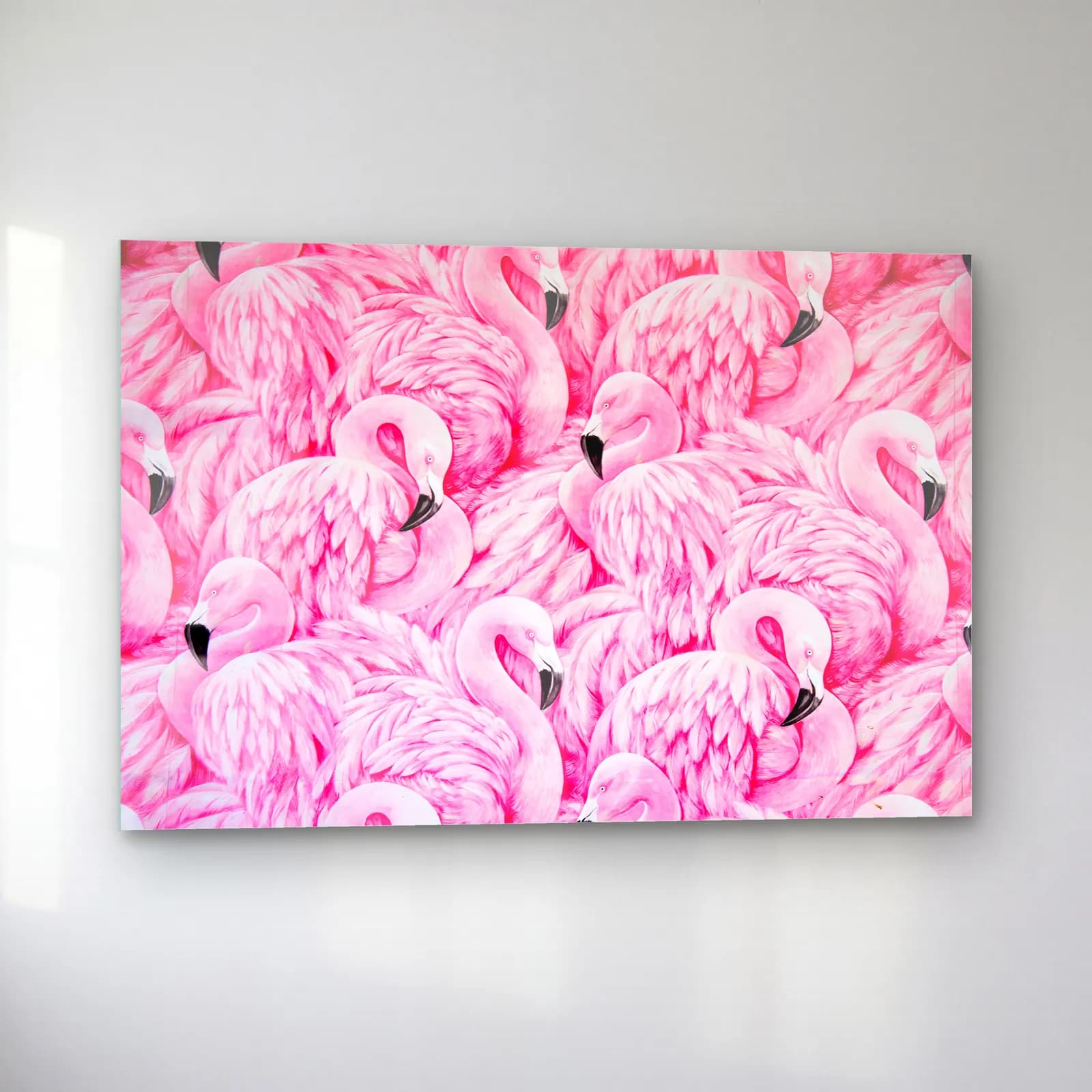 Pembe Flamingo Sürüsü cam tablo — sol açıdan görünüm