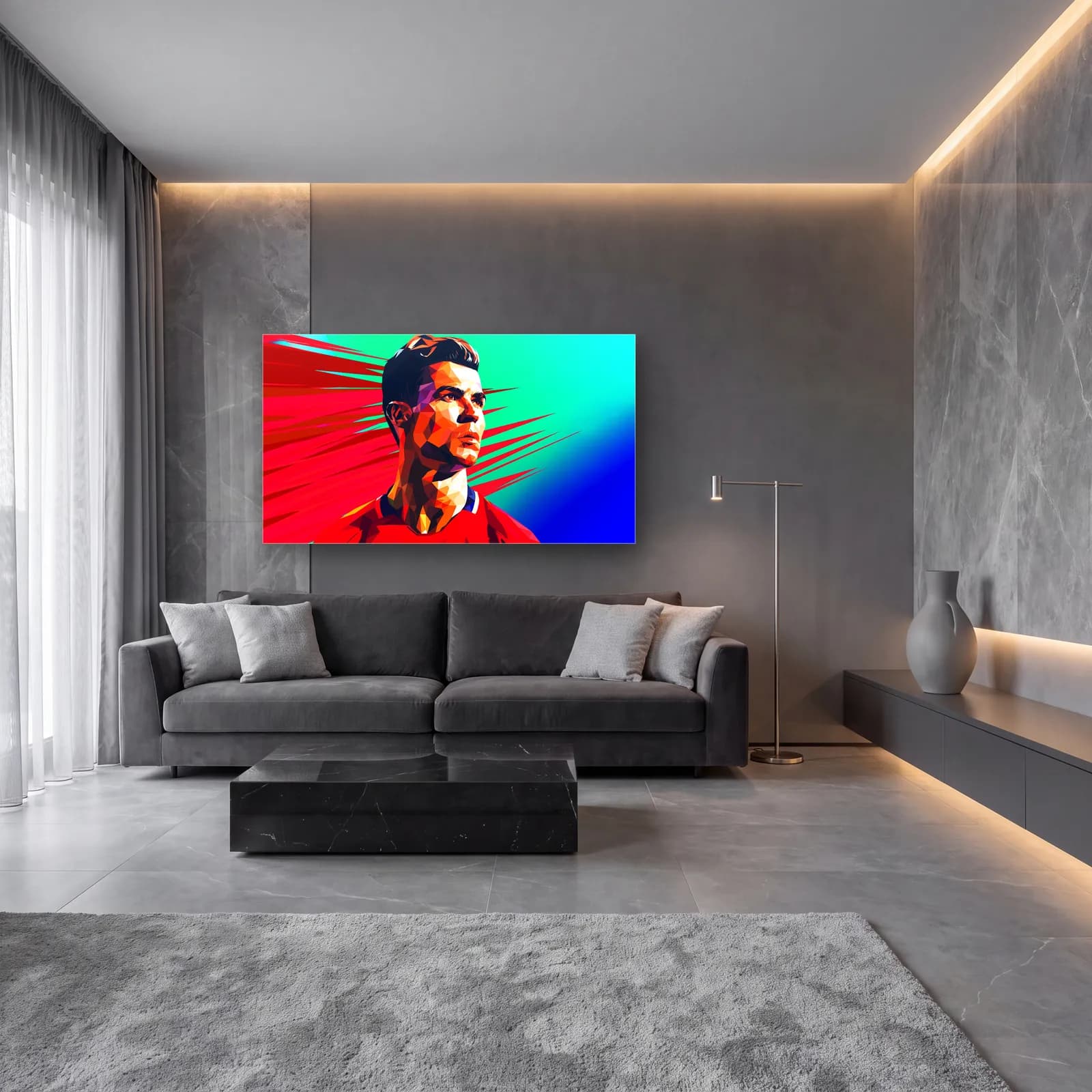 Cristiano Ronaldo Low Poly cam tablo — lüks salon duvarında
