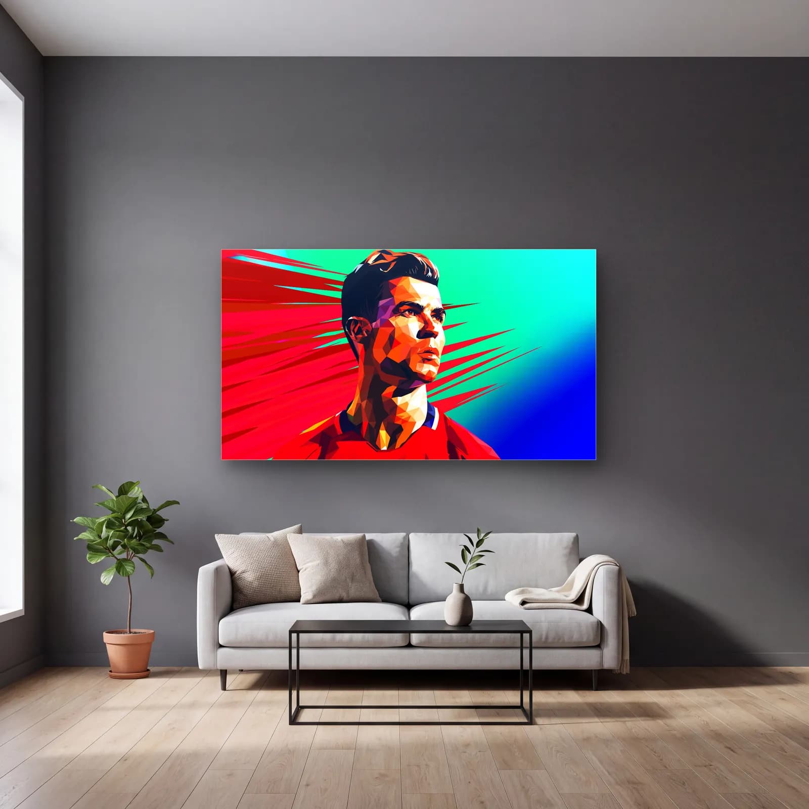 Cristiano Ronaldo Low Poly cam tablo — gri duvarlı salonda