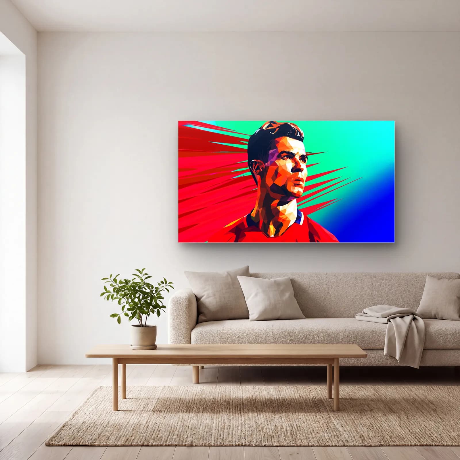 Cristiano Ronaldo Low Poly cam tablo — açık renk salonda