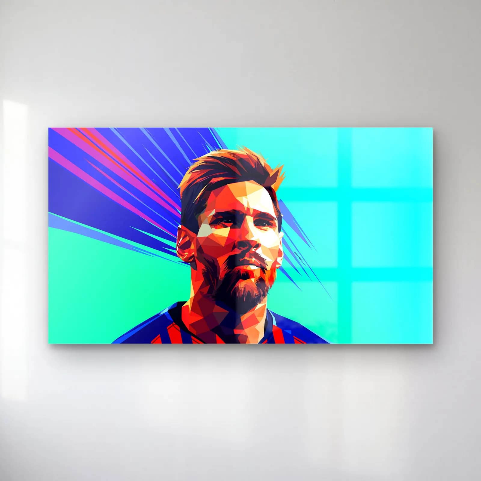 Lionel Messi Low Poly cam tablo — Turkuaz ve mor arka planda Barcelona formalı Lionel Messi'nin low-poly portresi