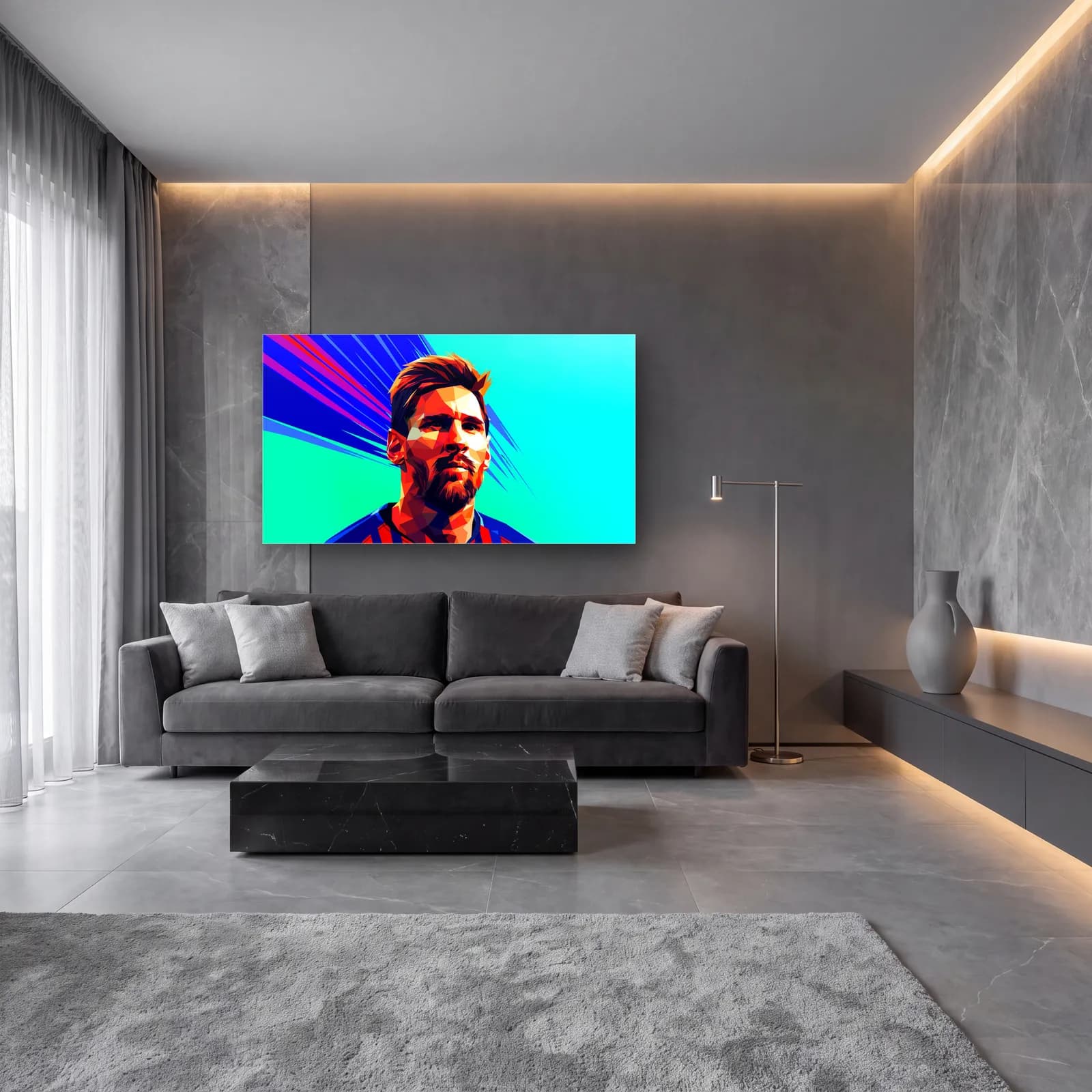 Lionel Messi Low Poly cam tablo — lüks salon duvarında