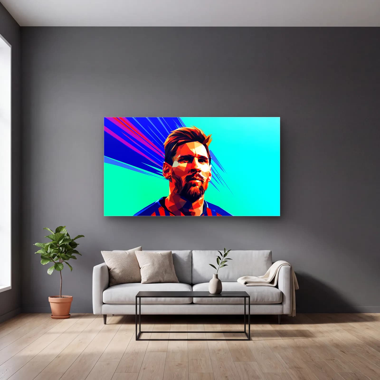 Lionel Messi Low Poly cam tablo — gri duvarlı salonda