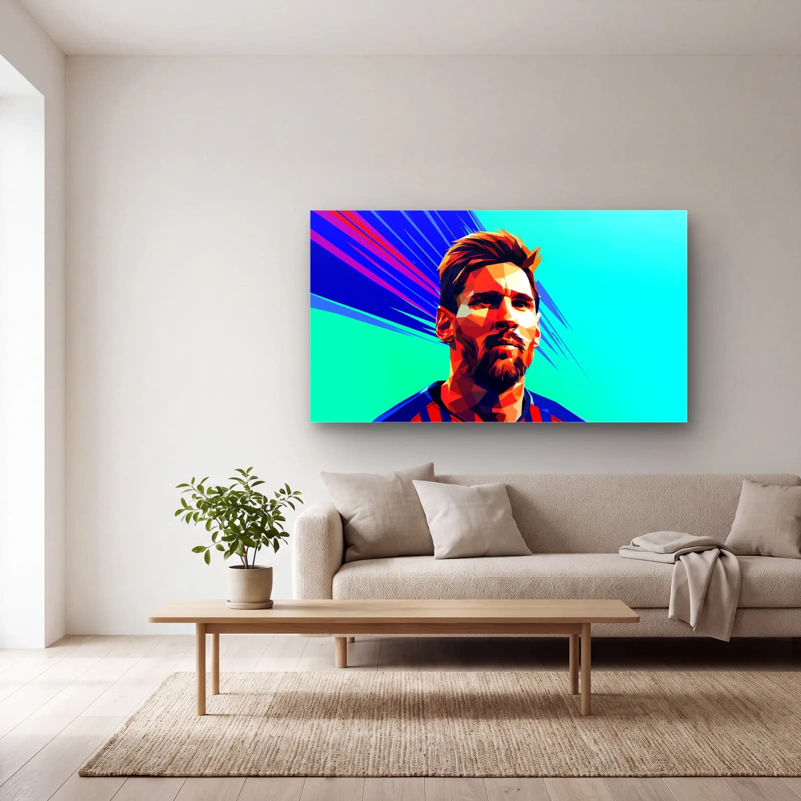 Lionel Messi Low Poly cam tablo — açık renk salonda