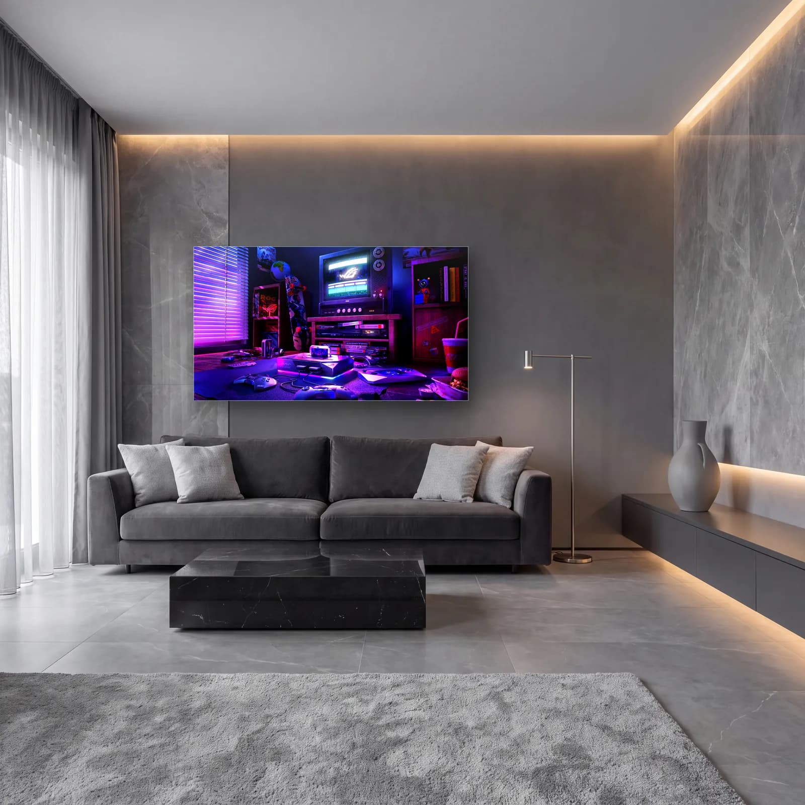 Neon Retro Oyun Odası cam tablo — lüks salon duvarında