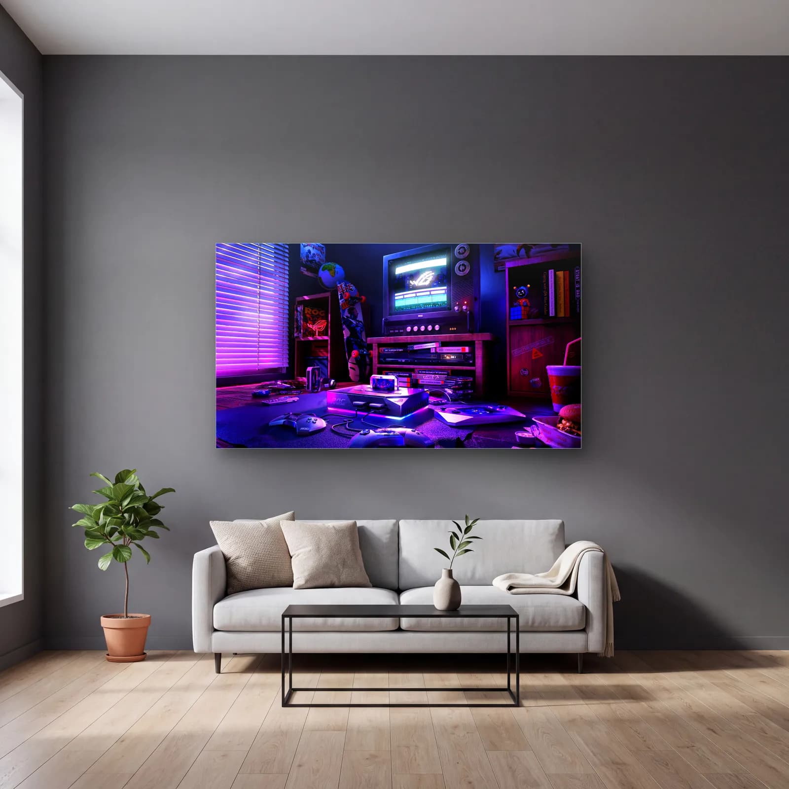 Neon Retro Oyun Odası cam tablo — gri duvarlı salonda