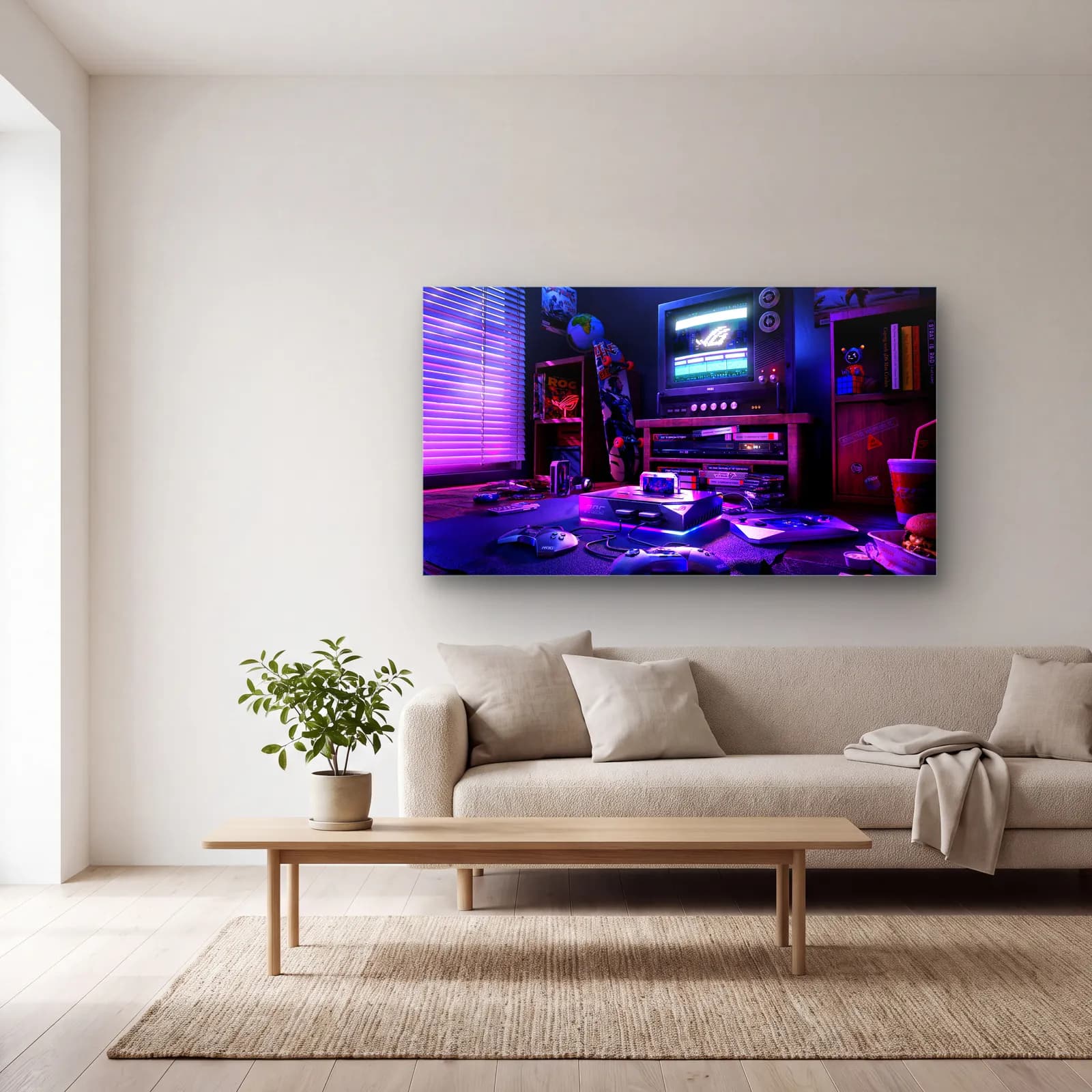Neon Retro Oyun Odası cam tablo — açık renk salonda