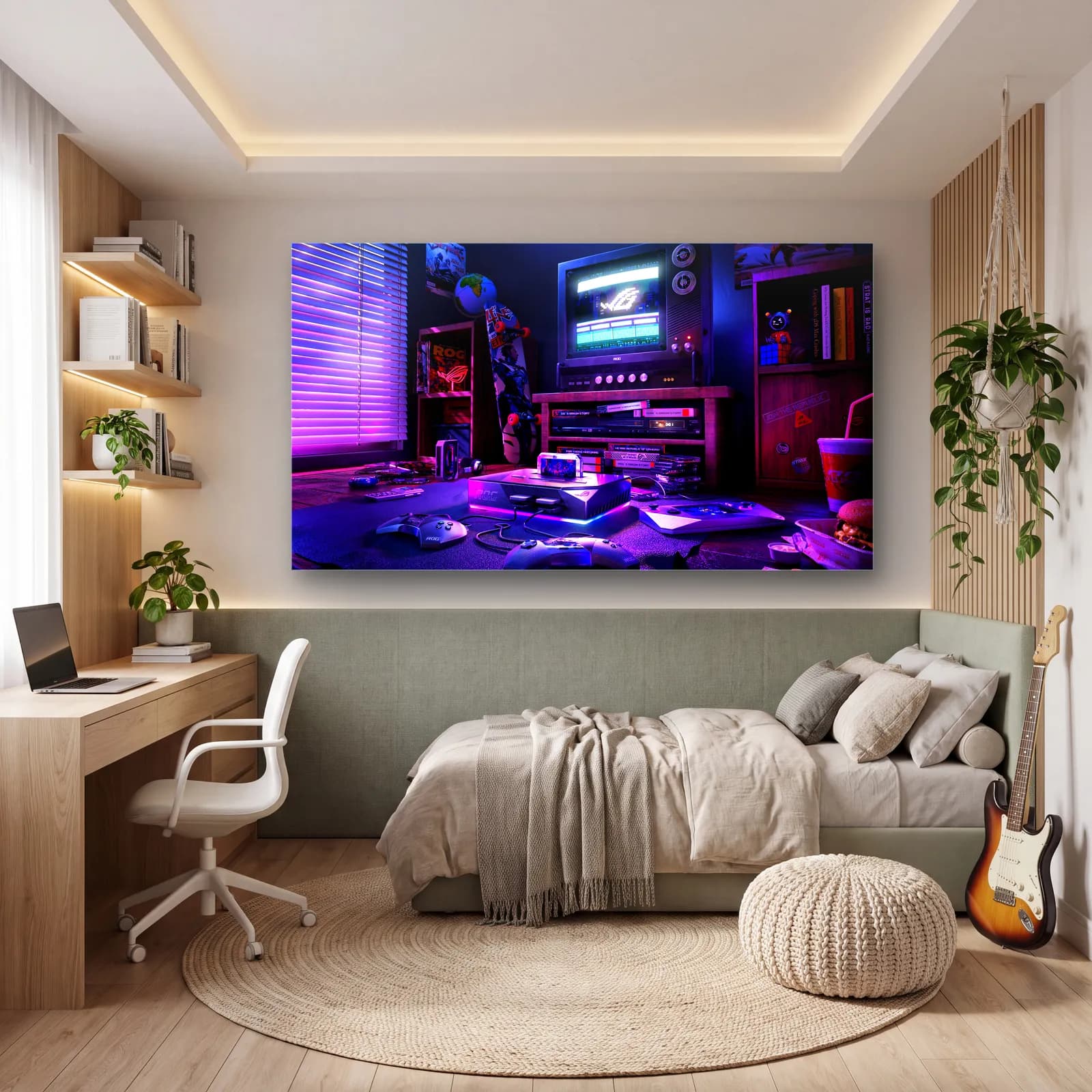 Neon Retro Oyun Odası cam tablo — genç odasında