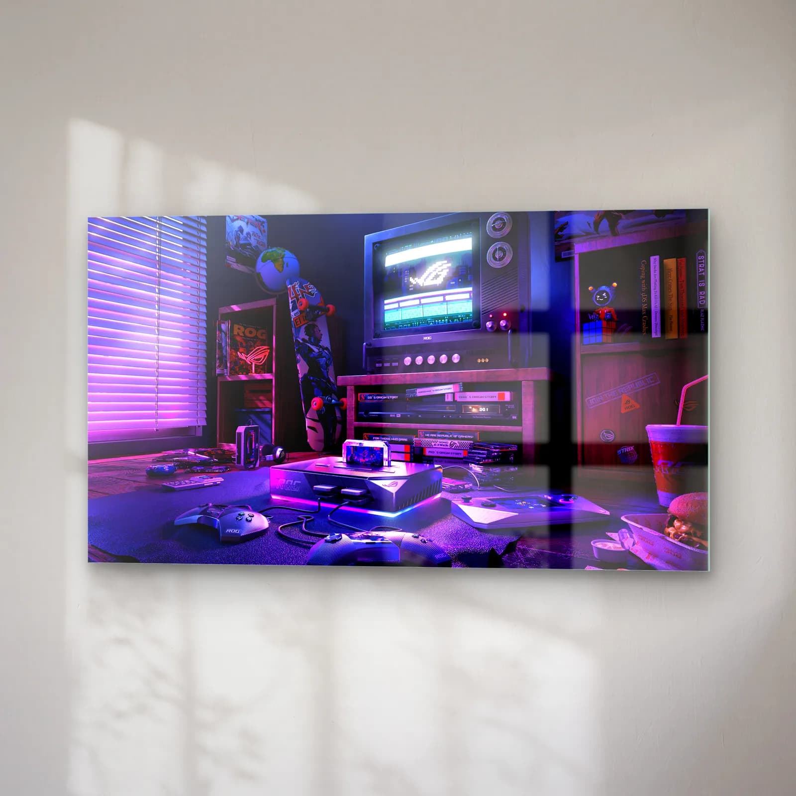 Neon Retro Oyun Odası cam tablo — sağ açıdan görünüm