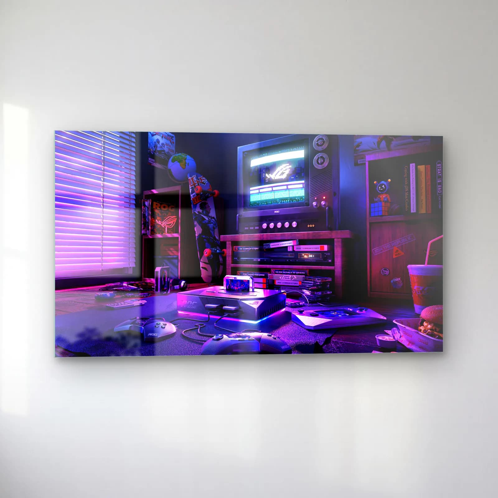 Neon Retro Oyun Odası cam tablo — sol açıdan görünüm
