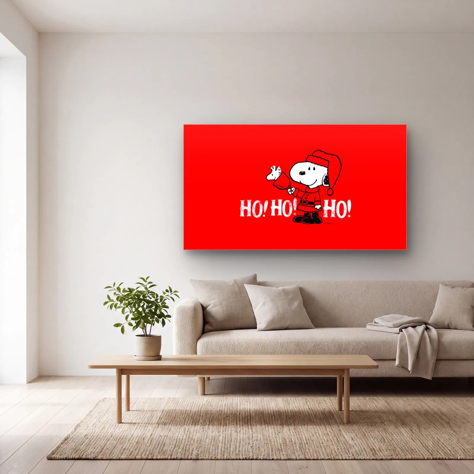 Noel Baba Snoopy Ho Ho Ho cam tablo — açık renk salonda