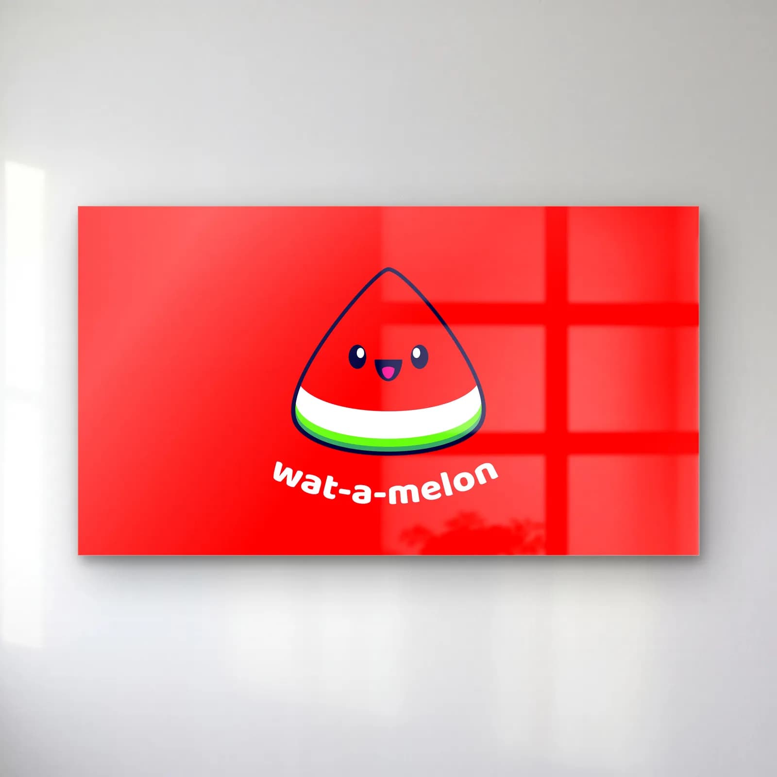 Wat A Melon Karpuz cam tablo — Kırmızı arka planda gülümseyen karpuz dilimi ve altında wat-a-melon yazısı