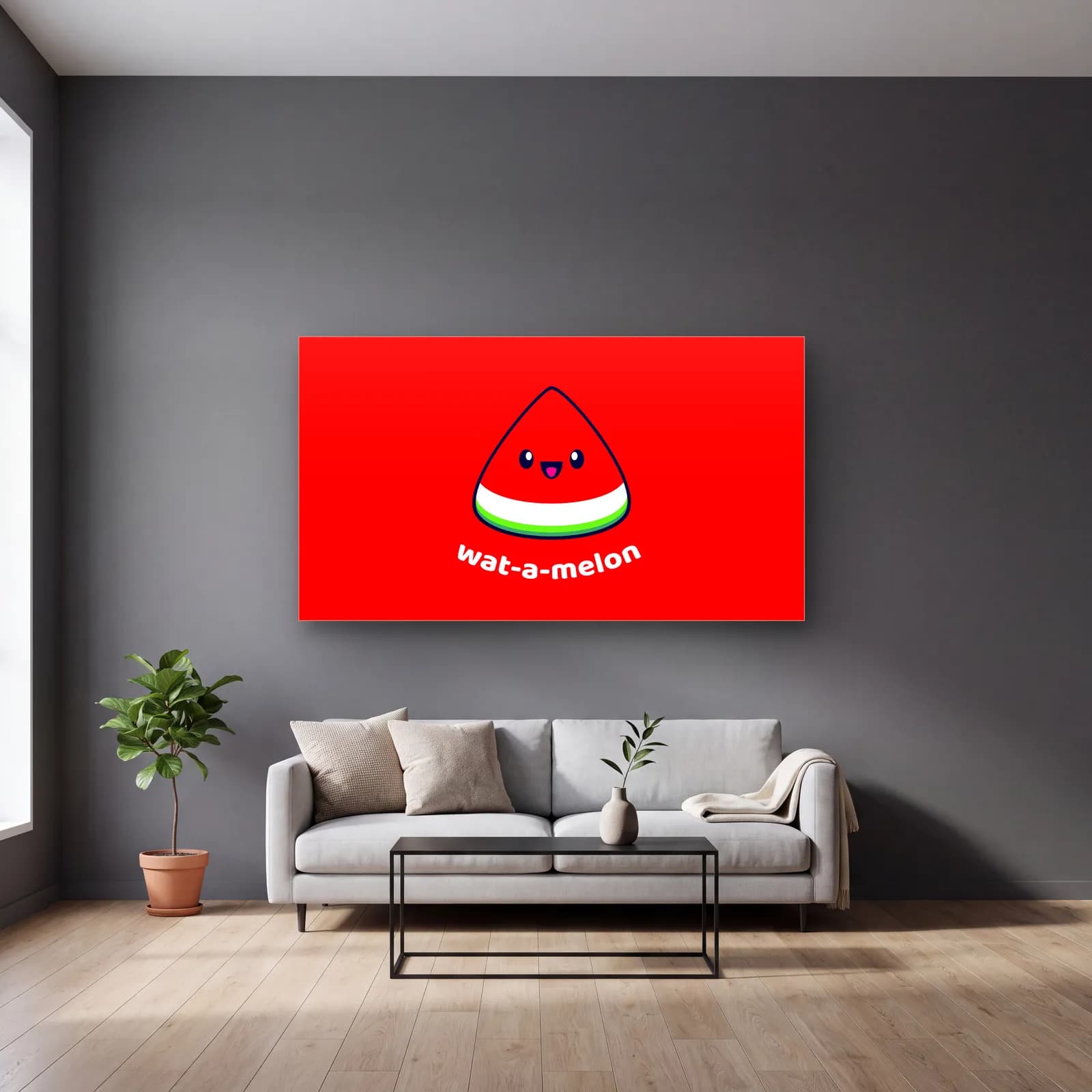 Wat A Melon Karpuz cam tablo — gri duvarlı salonda