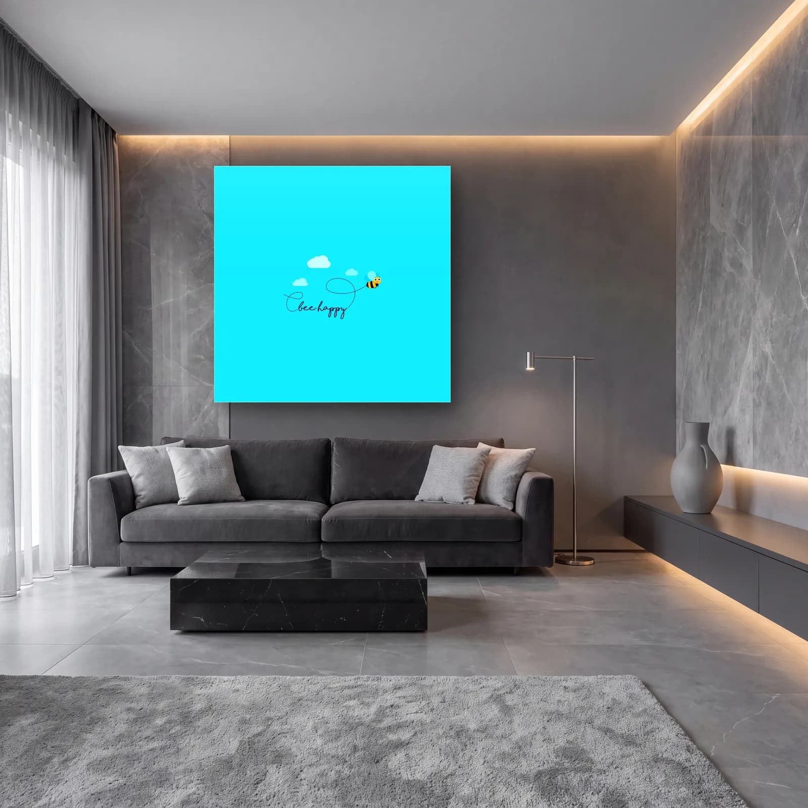 Bee Happy Arı cam tablo — lüks salon duvarında