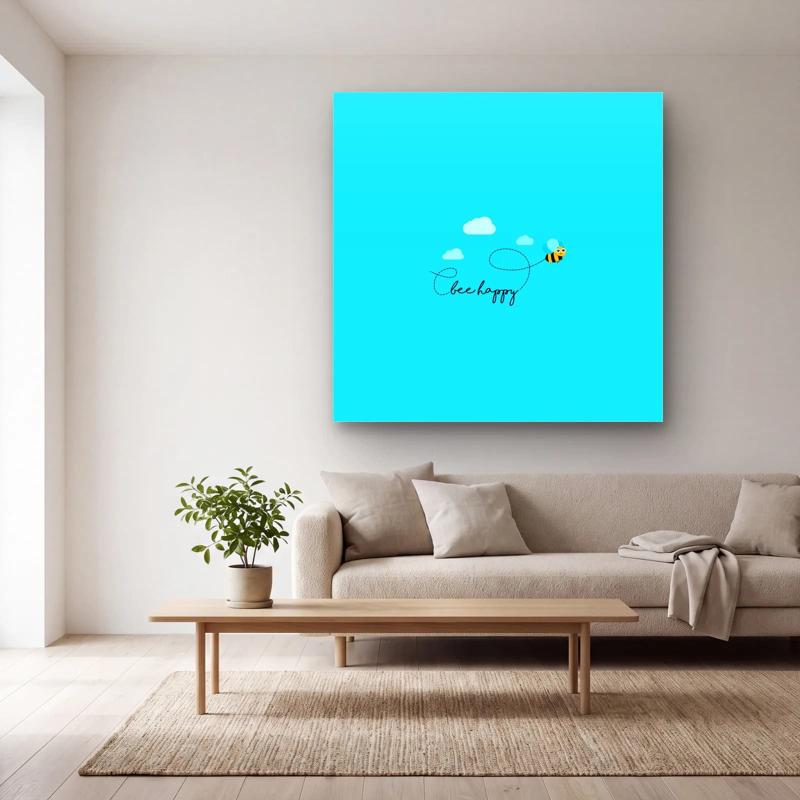 Bee Happy Arı cam tablo — açık renk salonda