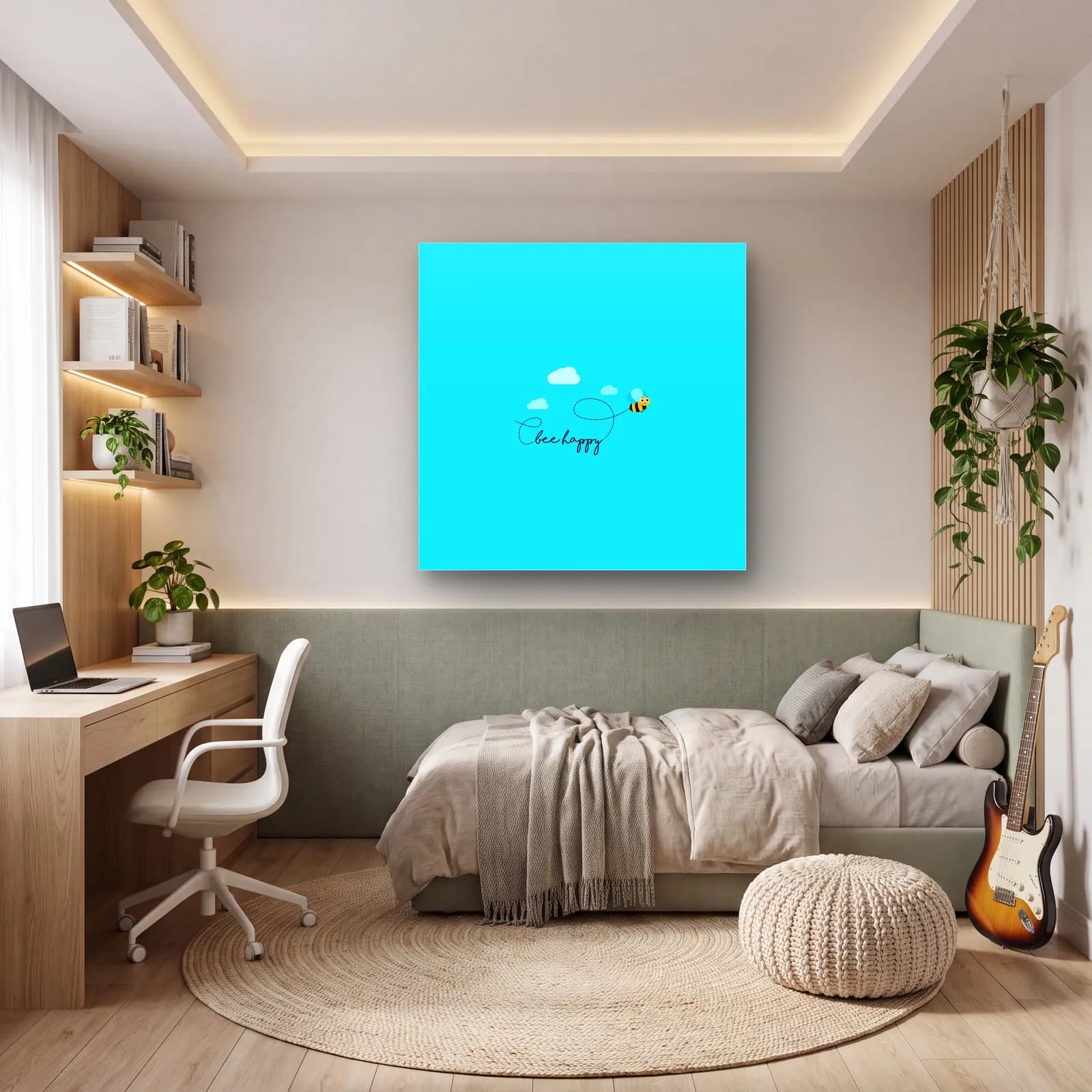 Bee Happy Arı cam tablo — genç odasında