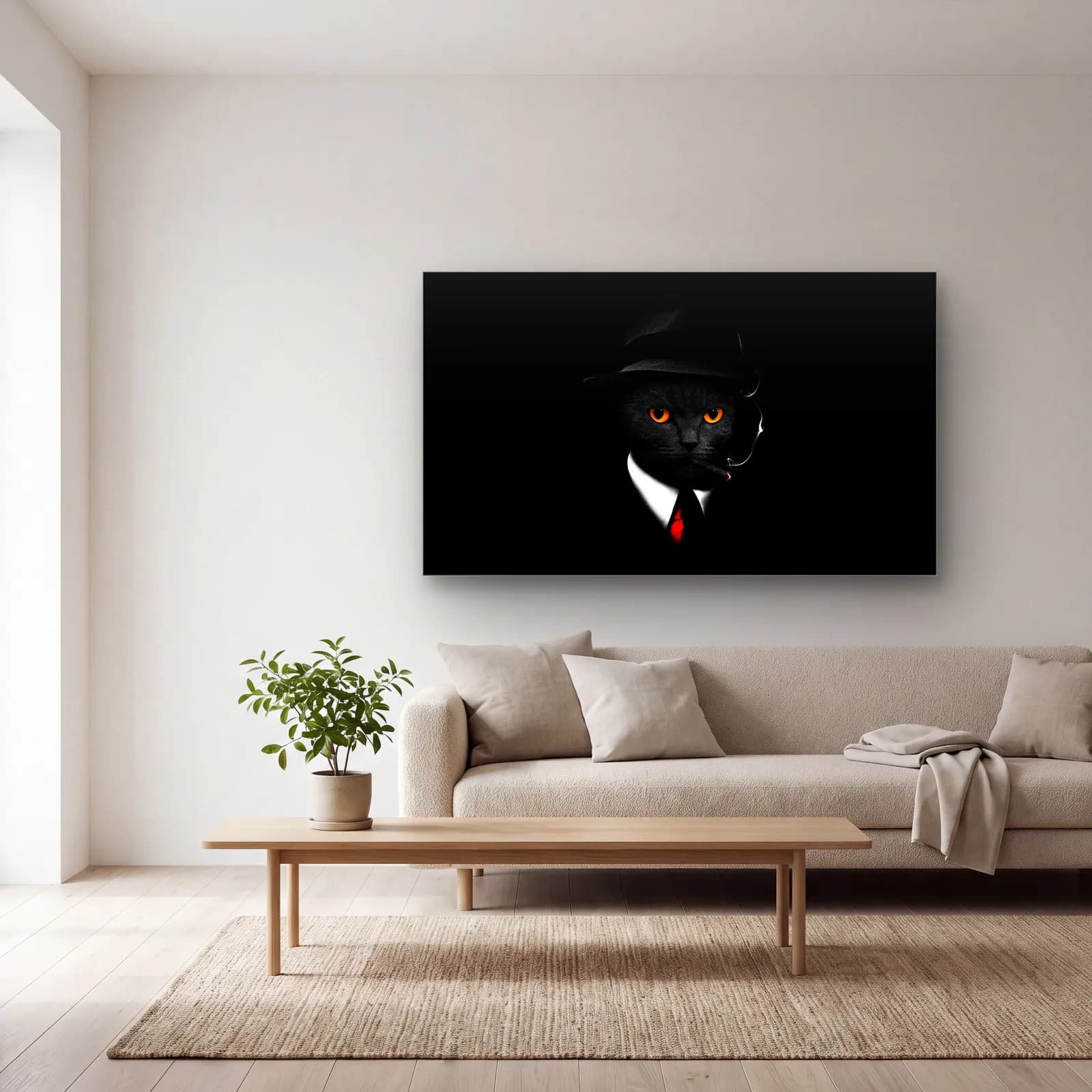 Takım Elbiseli Kara Kedi cam tablo — açık renk salonda