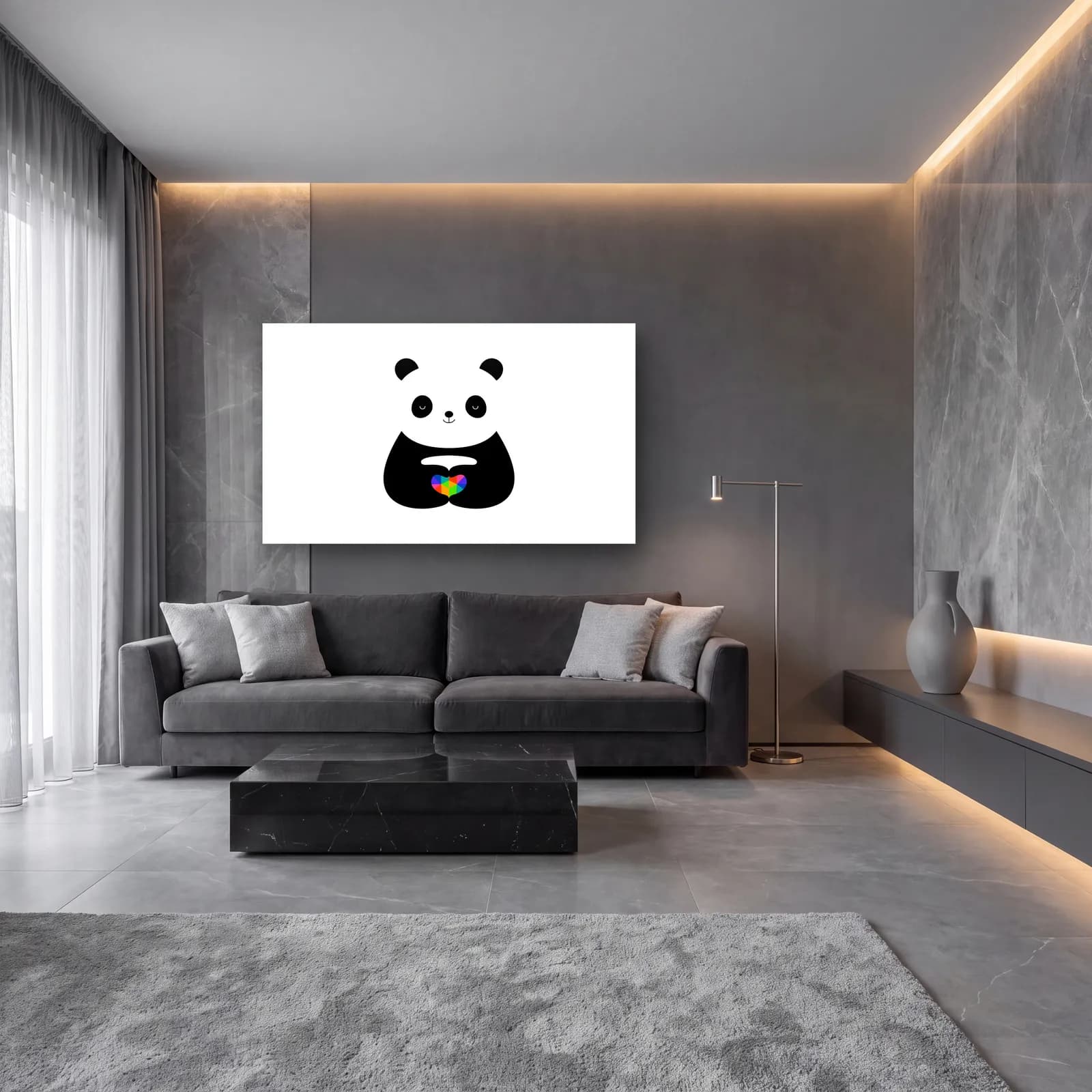 Gökkuşağı Kalpli Panda cam tablo — lüks salon duvarında