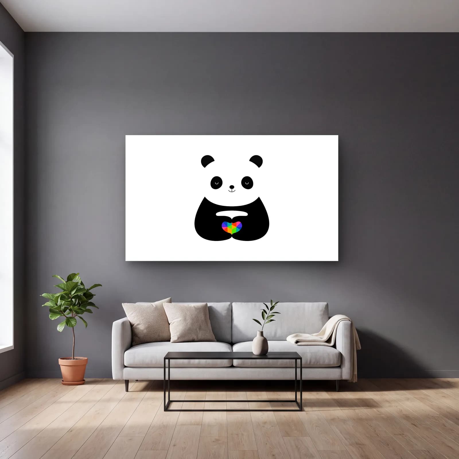 Gökkuşağı Kalpli Panda cam tablo — gri duvarlı salonda