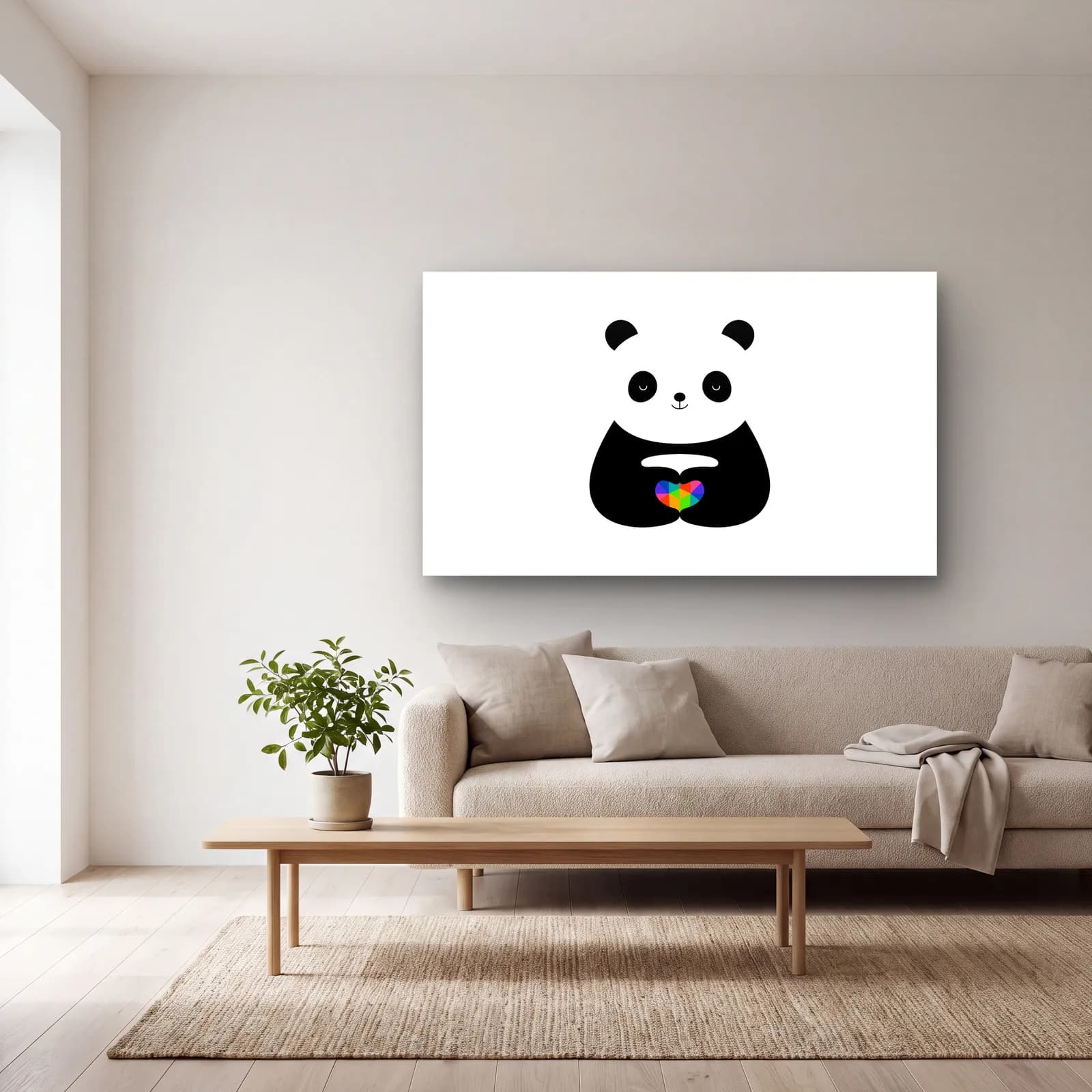 Gökkuşağı Kalpli Panda cam tablo — açık renk salonda