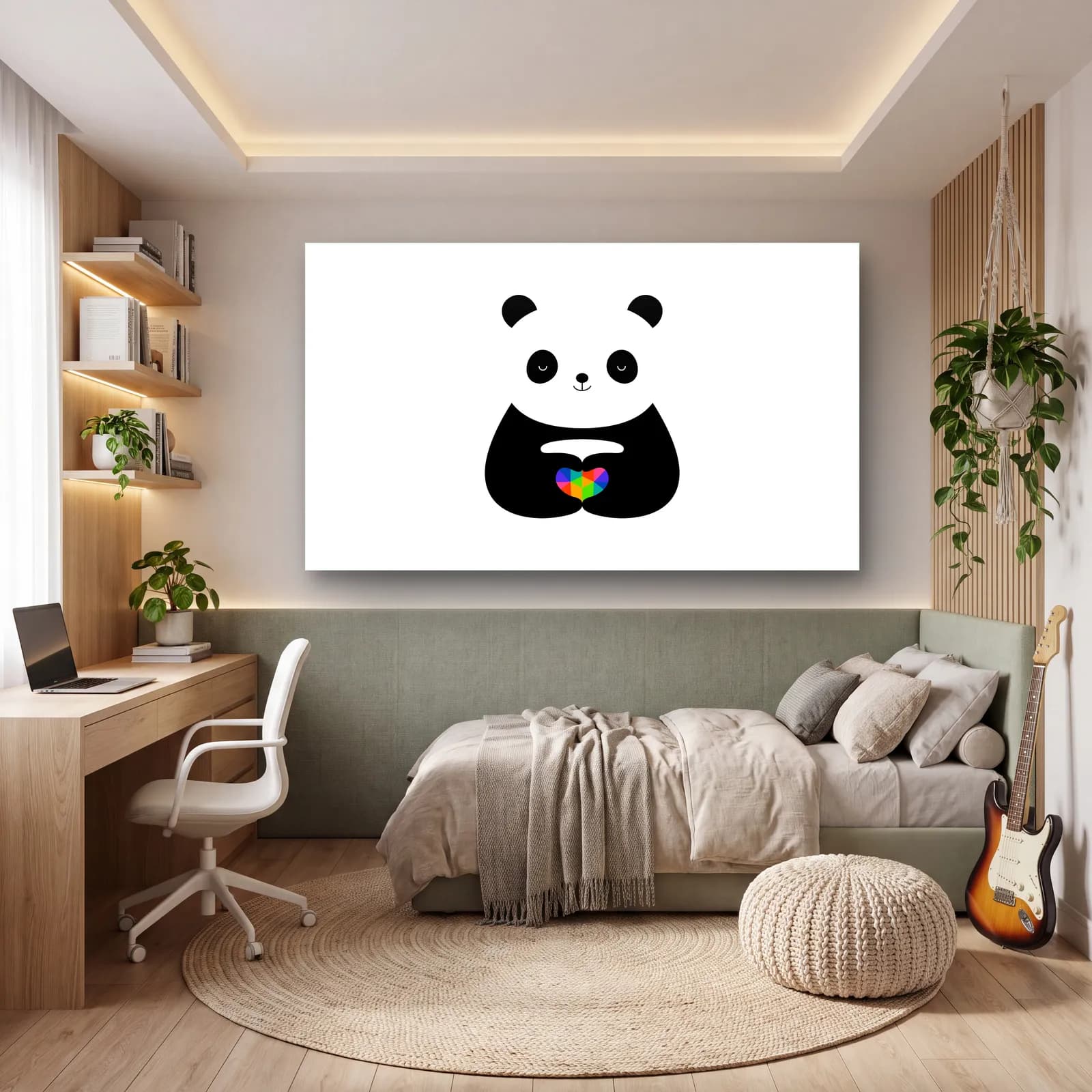 Gökkuşağı Kalpli Panda cam tablo — genç odasında
