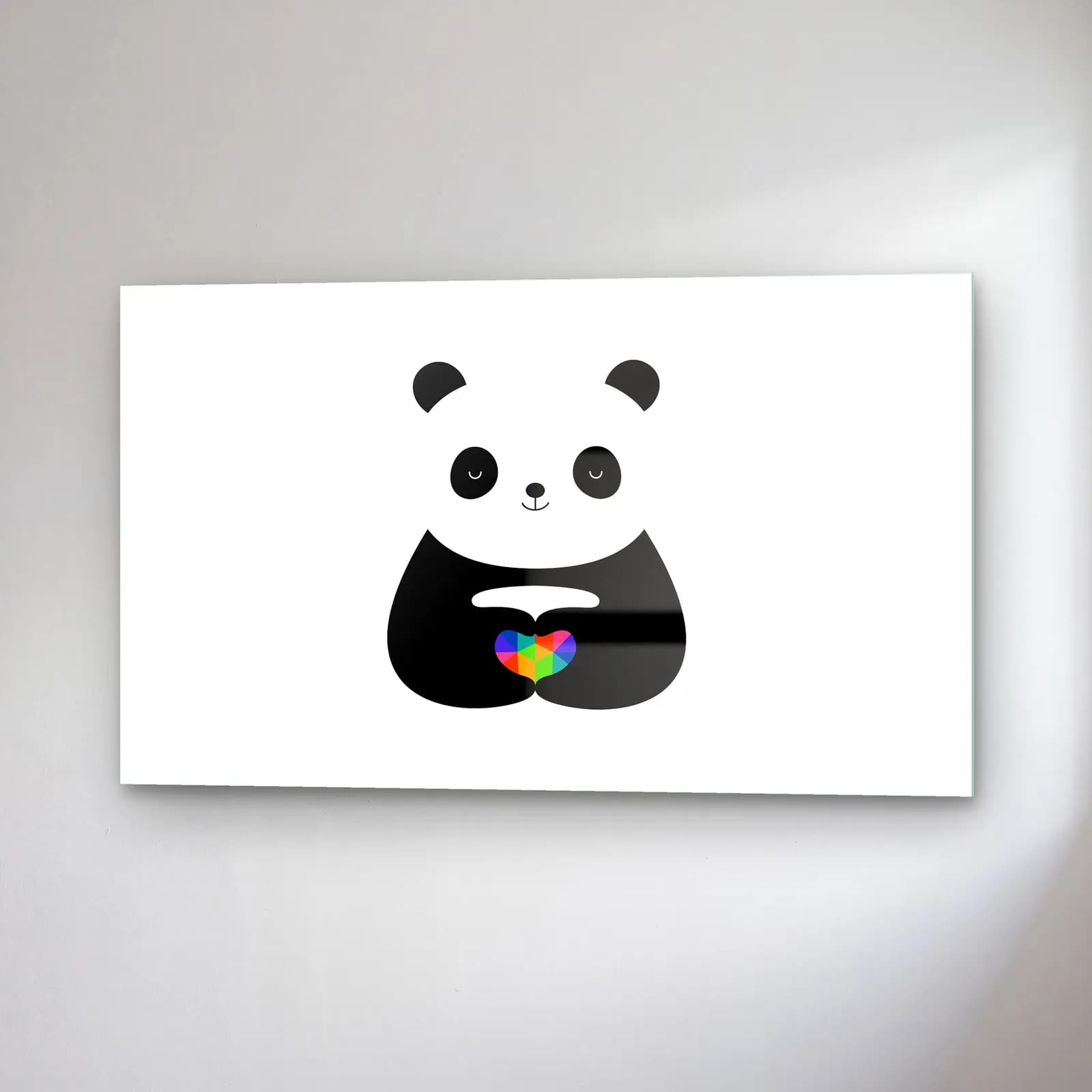 Gökkuşağı Kalpli Panda cam tablo — sağ açıdan görünüm