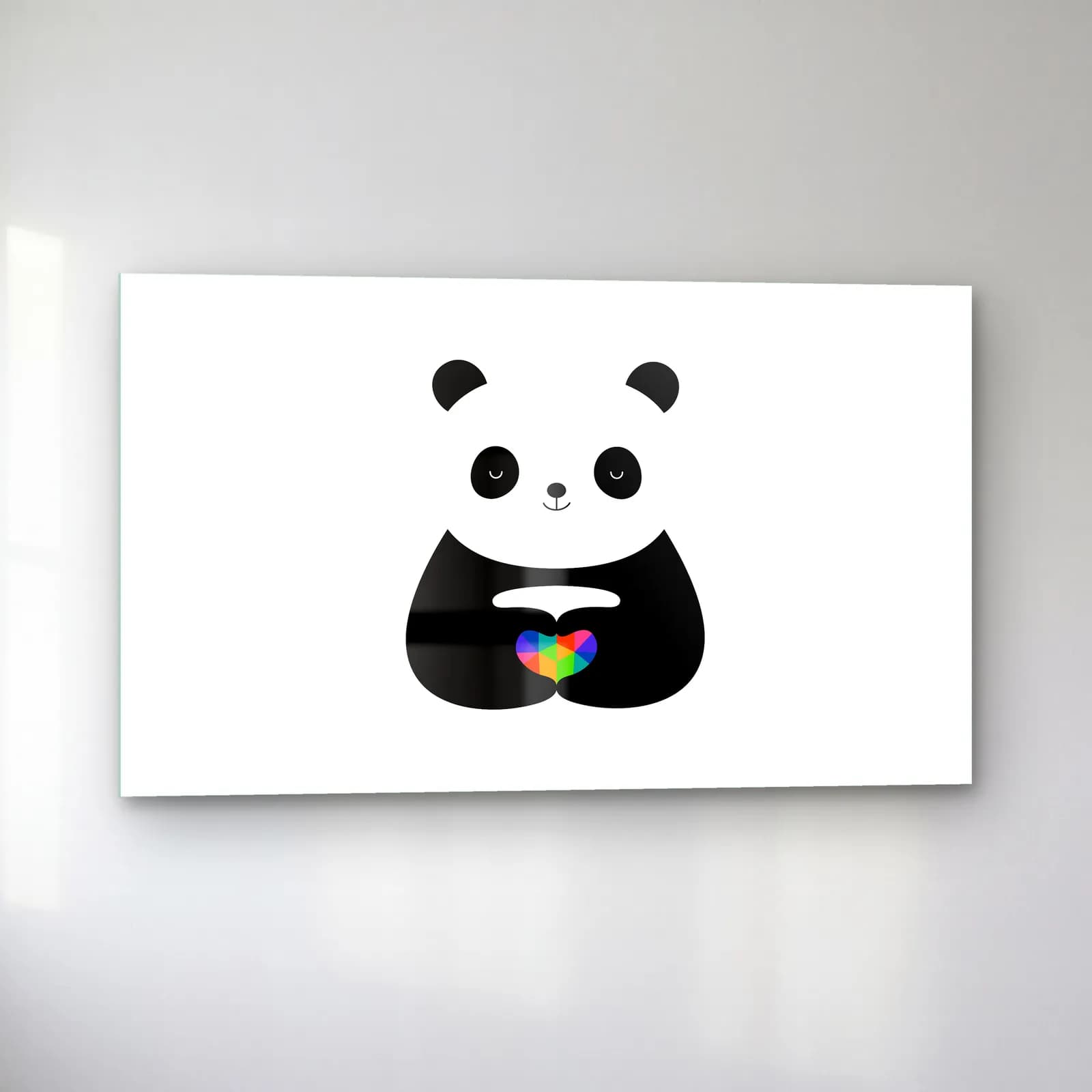 Gökkuşağı Kalpli Panda cam tablo — sol açıdan görünüm