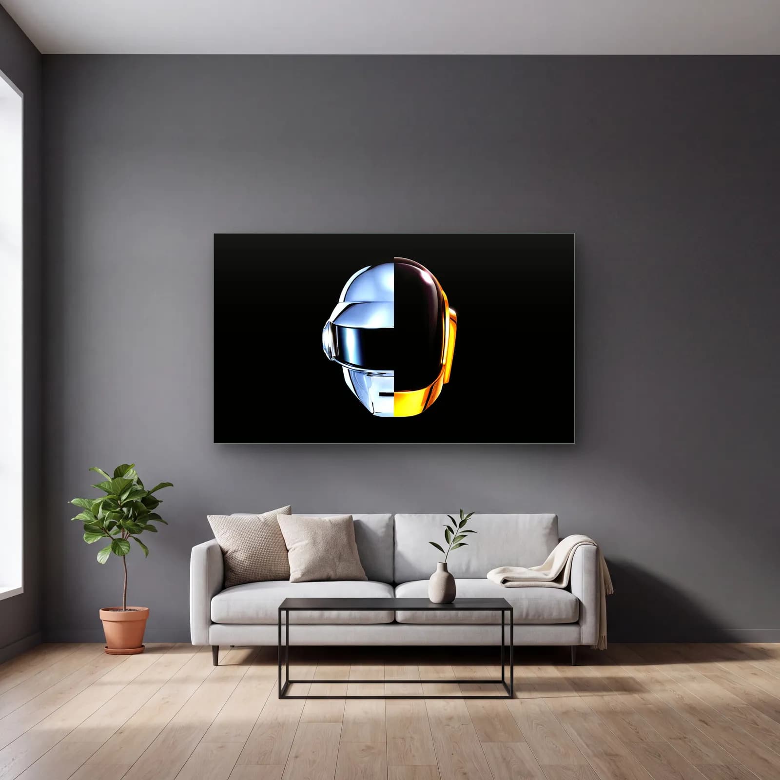 Daft Punk Yarım Kask cam tablo — gri duvarlı salonda