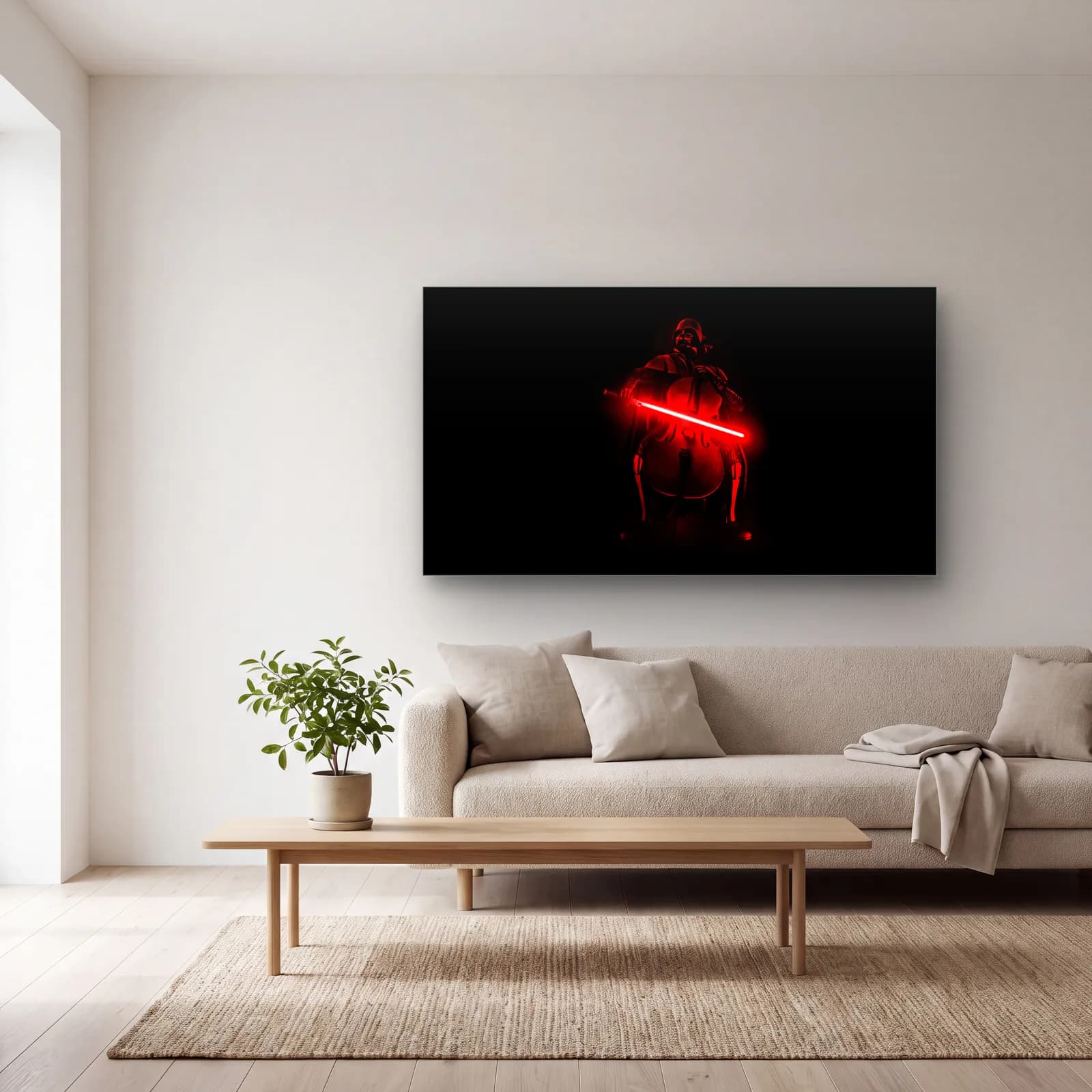 Kırmızı Işın Kılıçlı Darth Vader cam tablo — açık renk salonda