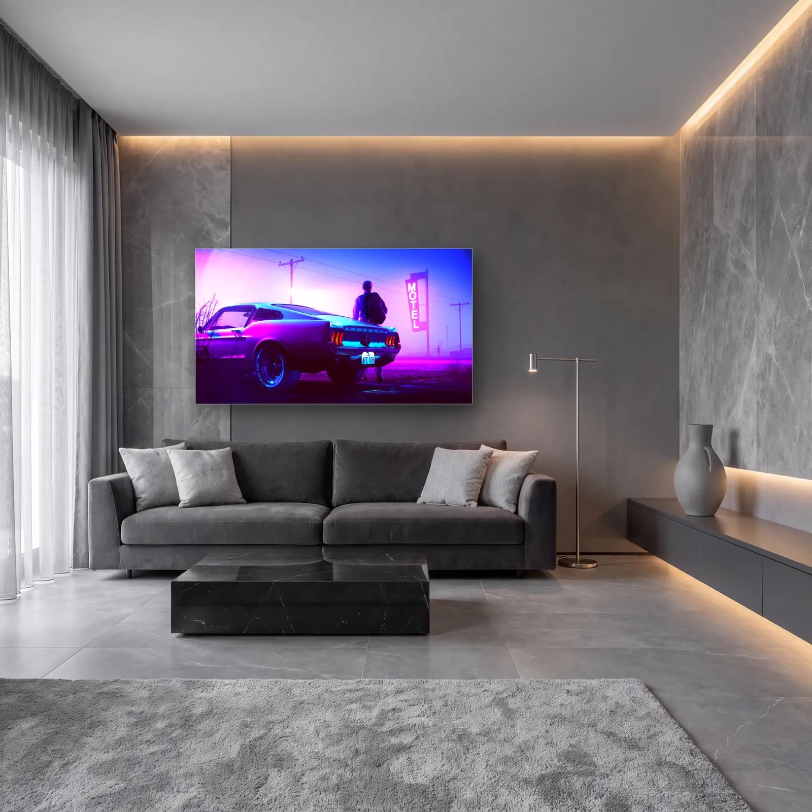 Neon Motel Klasik Mustang cam tablo — lüks salon duvarında