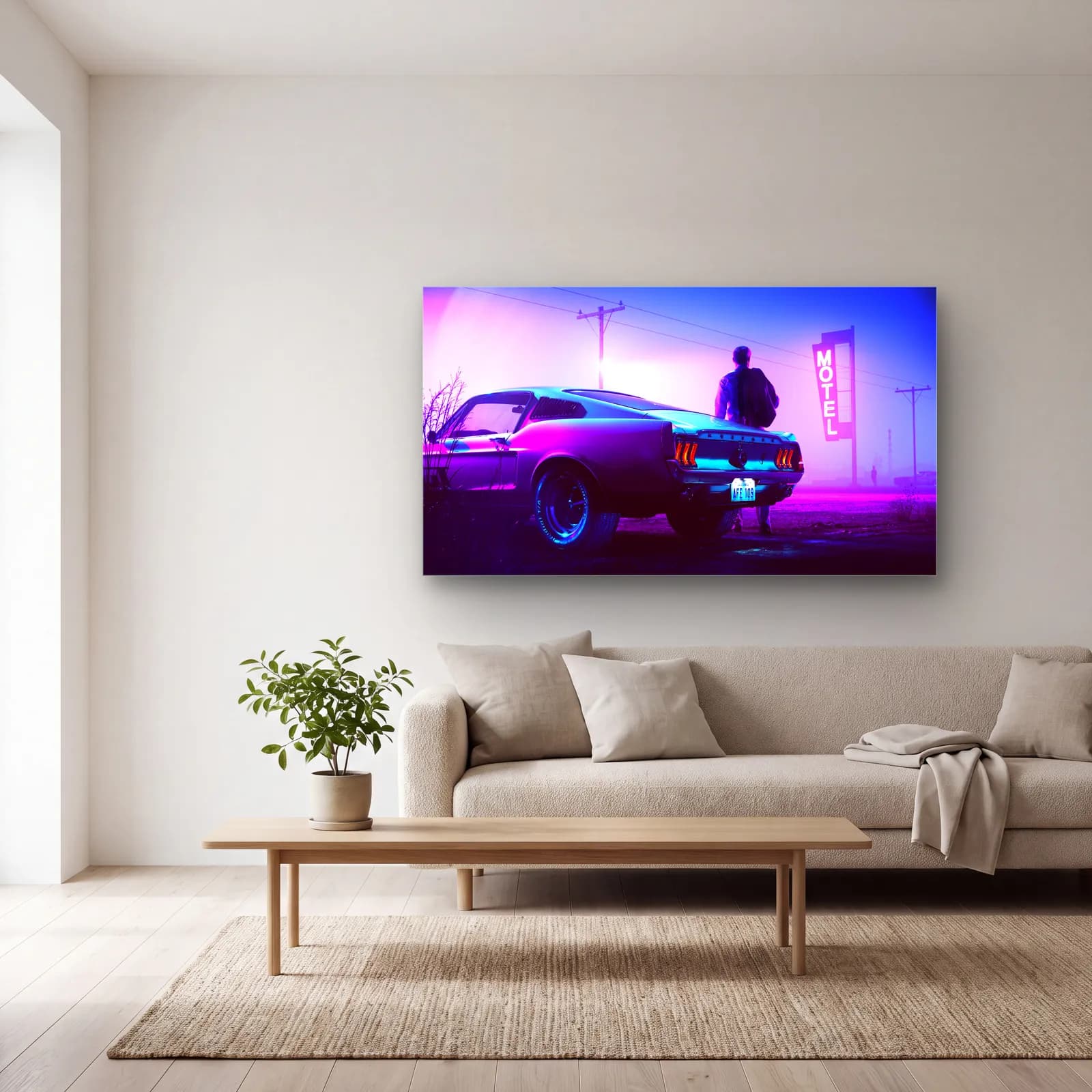 Neon Motel Klasik Mustang cam tablo — açık renk salonda