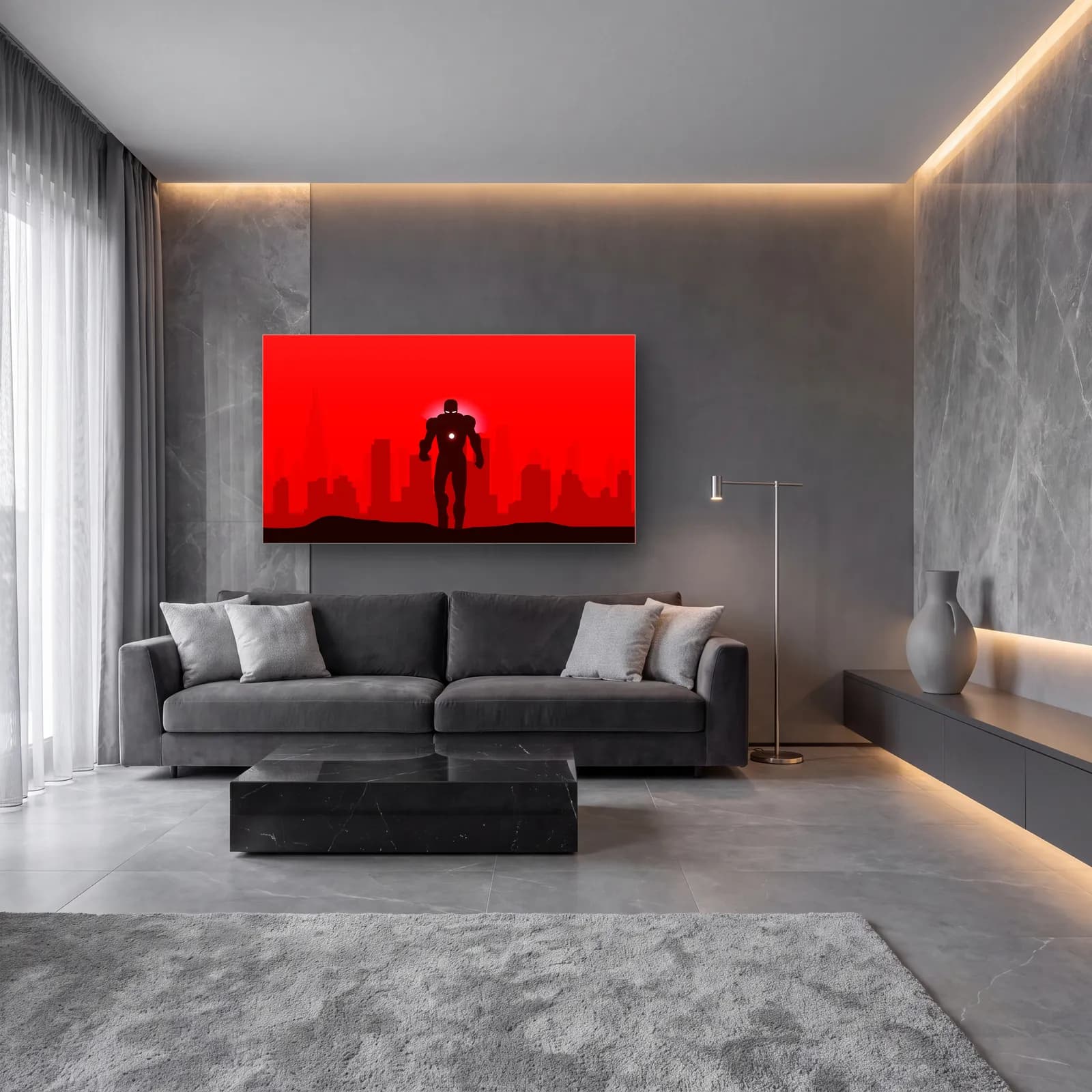 Kırmızı Şehirde Iron Man cam tablo — lüks salon duvarında