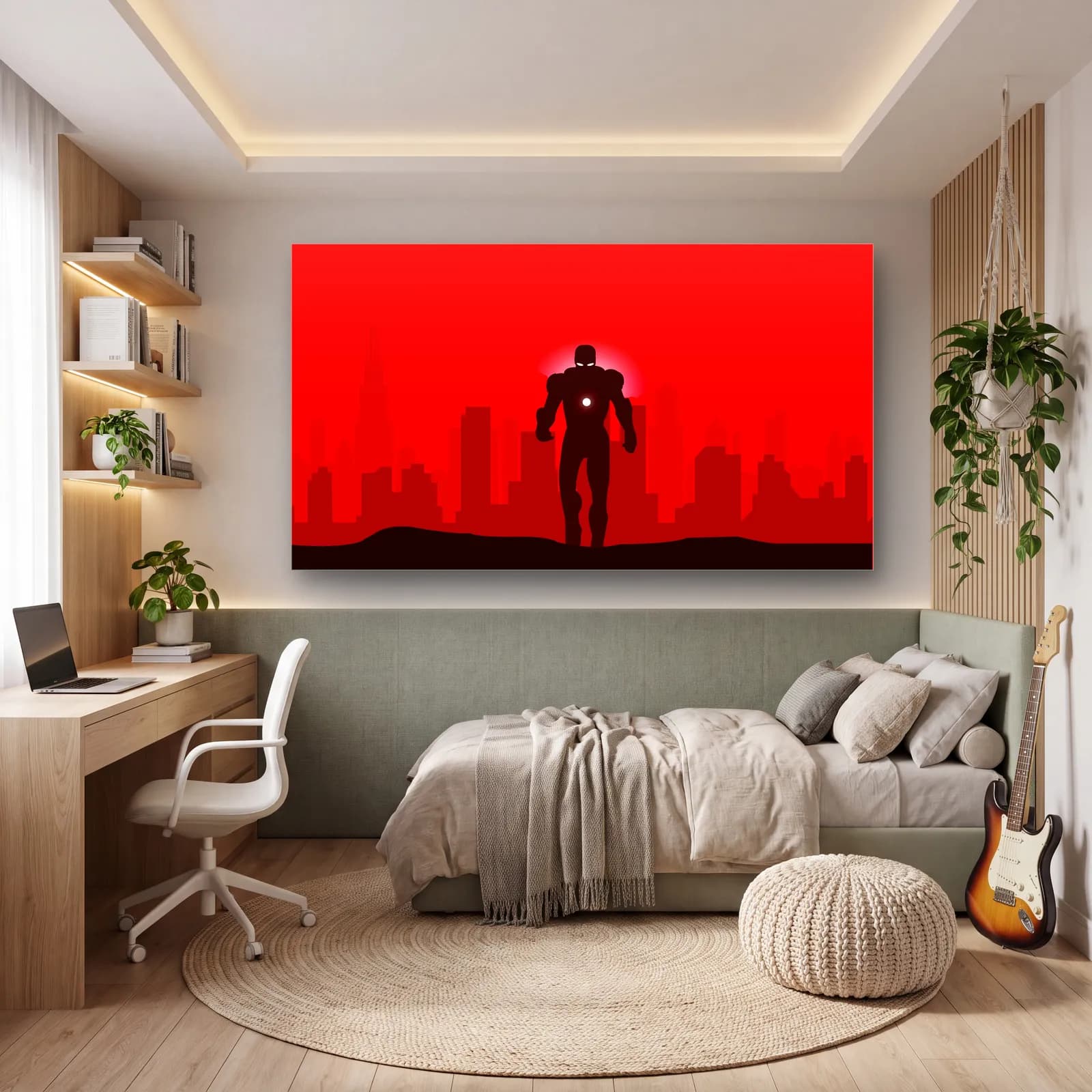 Kırmızı Şehirde Iron Man cam tablo — genç odasında